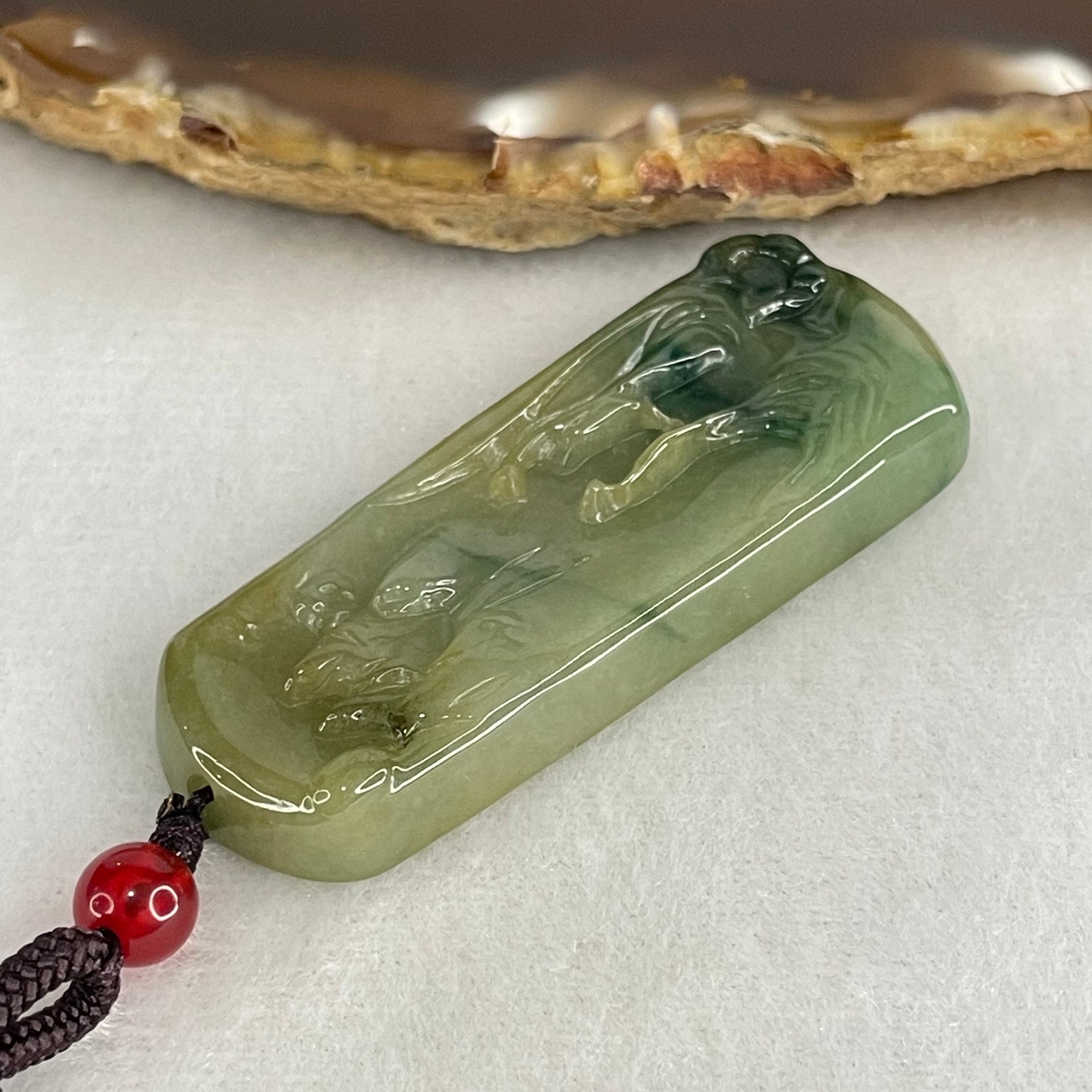 Type A Green with Yellow and Blueish Green Patches Jadeite Shan Shui with Guiren Benefactor seeking Enlightenment Pendant 18.17g 51.1 by 20.5 by 6.7mm - Huangs Jadeite and Jewelry Pte Ltd