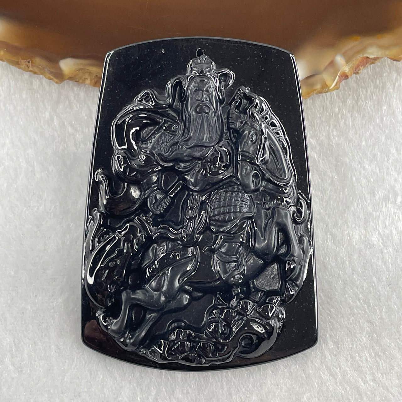 Type A Opaque to Partial Translucent Black Omphacite Jadeite Guan Gong on Champion Stallion Pendant 32.68g 60.2 by 42.6 by 8.9mm - Huangs Jadeite and Jewelry Pte Ltd