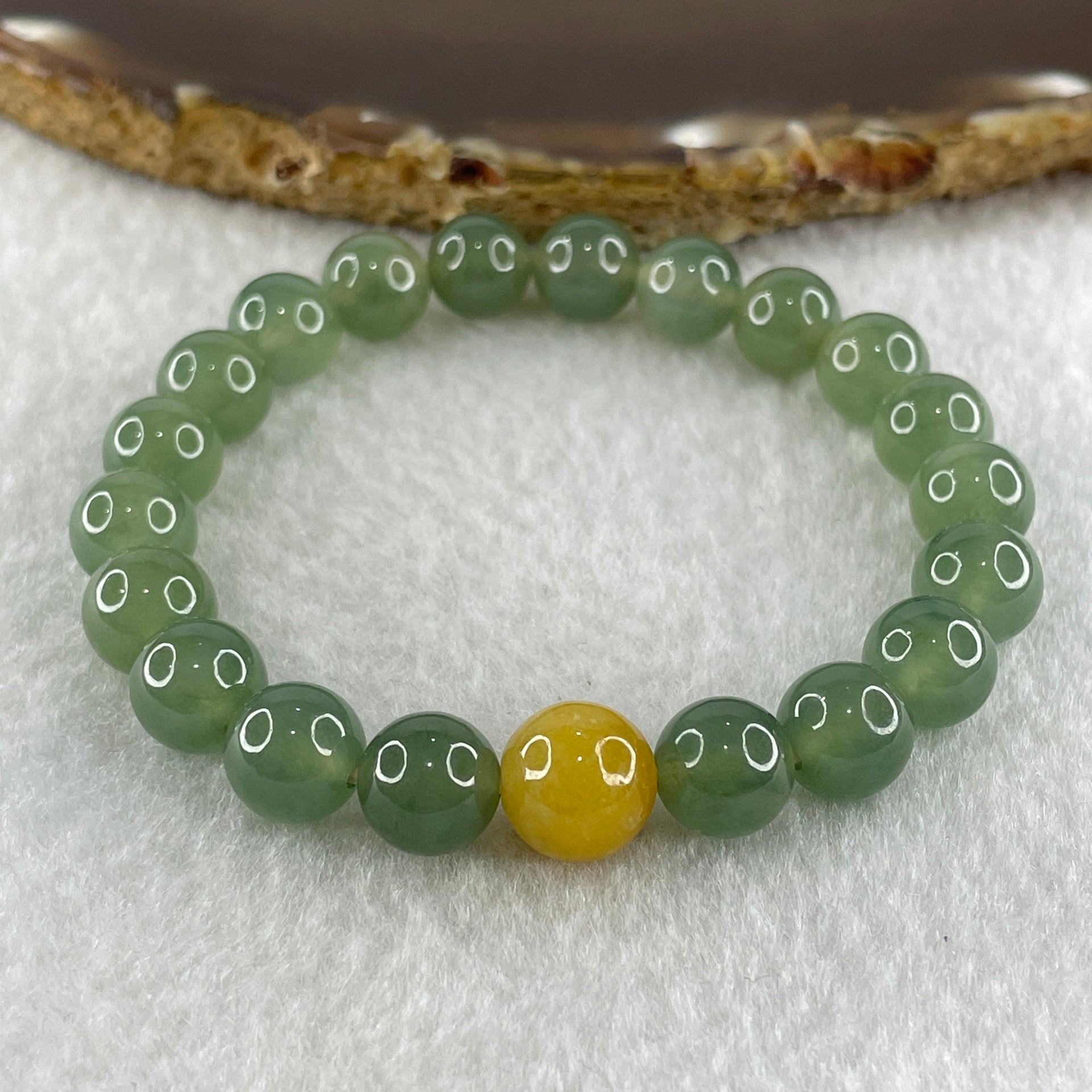 Tye A Natural Jelly Semi Icy Green with Yellow Jadeite Beads Bracelet 24.58g 15cm 88.8mm 20 Beads 9.8mm-yellow bead - Huangs Jadeite and Jewelry Pte Ltd