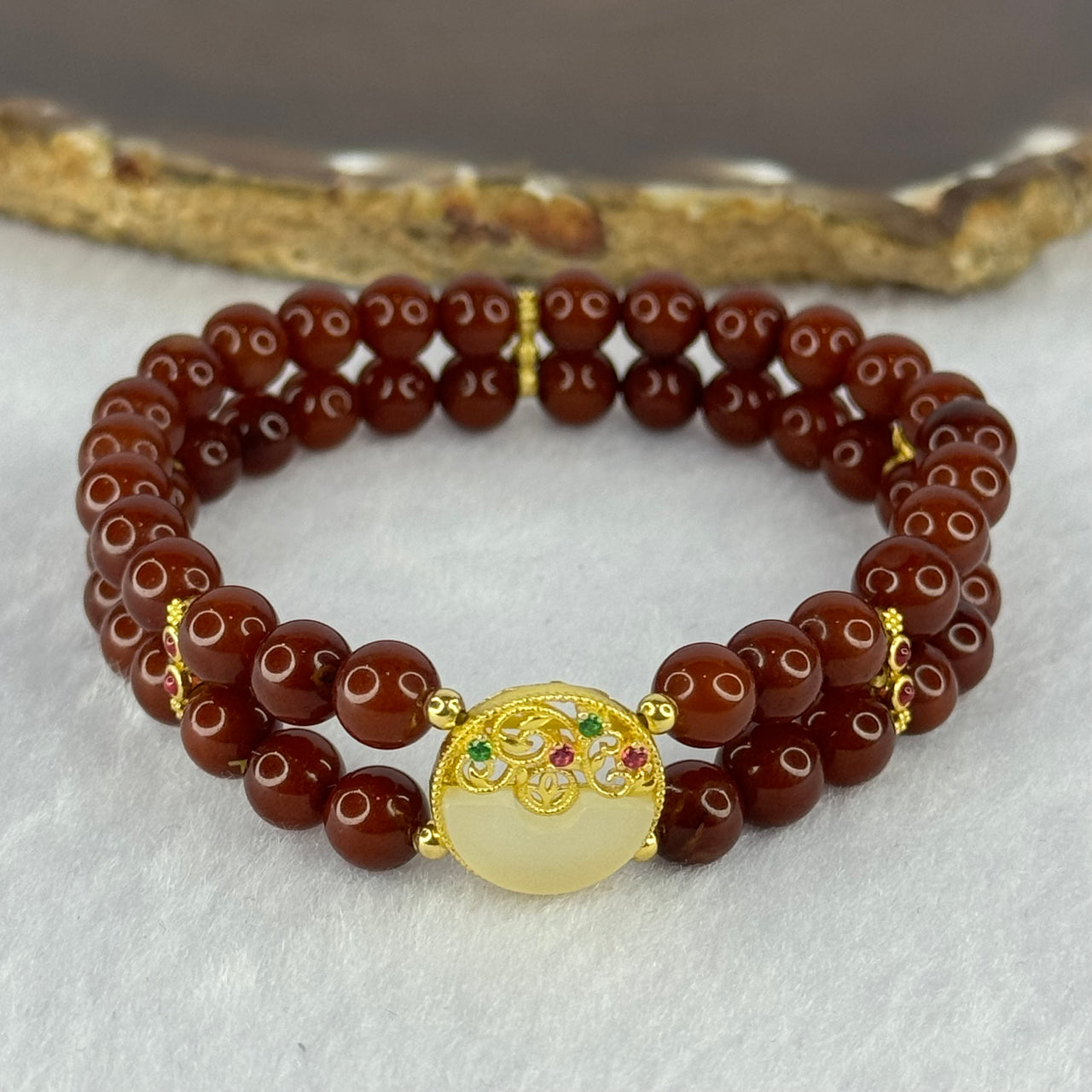Natural Brownish Red Amber Beads with Gold Color Charms Bracelet 10.69g 16.5cm 6.5mm 52 Beads - Huangs Jadeite and Jewelry Pte Ltd