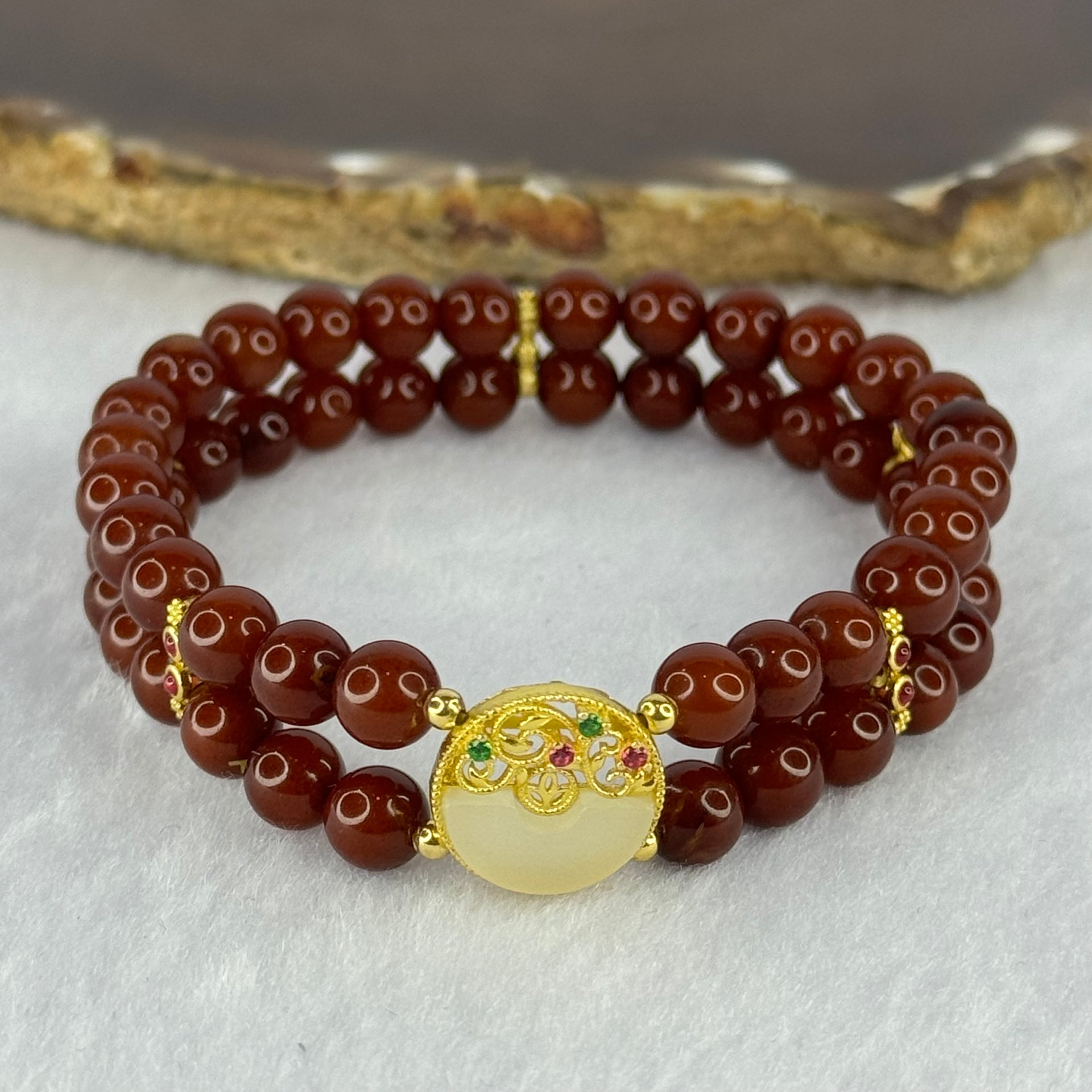Natural Brownish Red Amber Beads with Gold Color Charms Bracelet 10.69g 16.5cm 6.5mm 52 Beads - Huangs Jadeite and Jewelry Pte Ltd