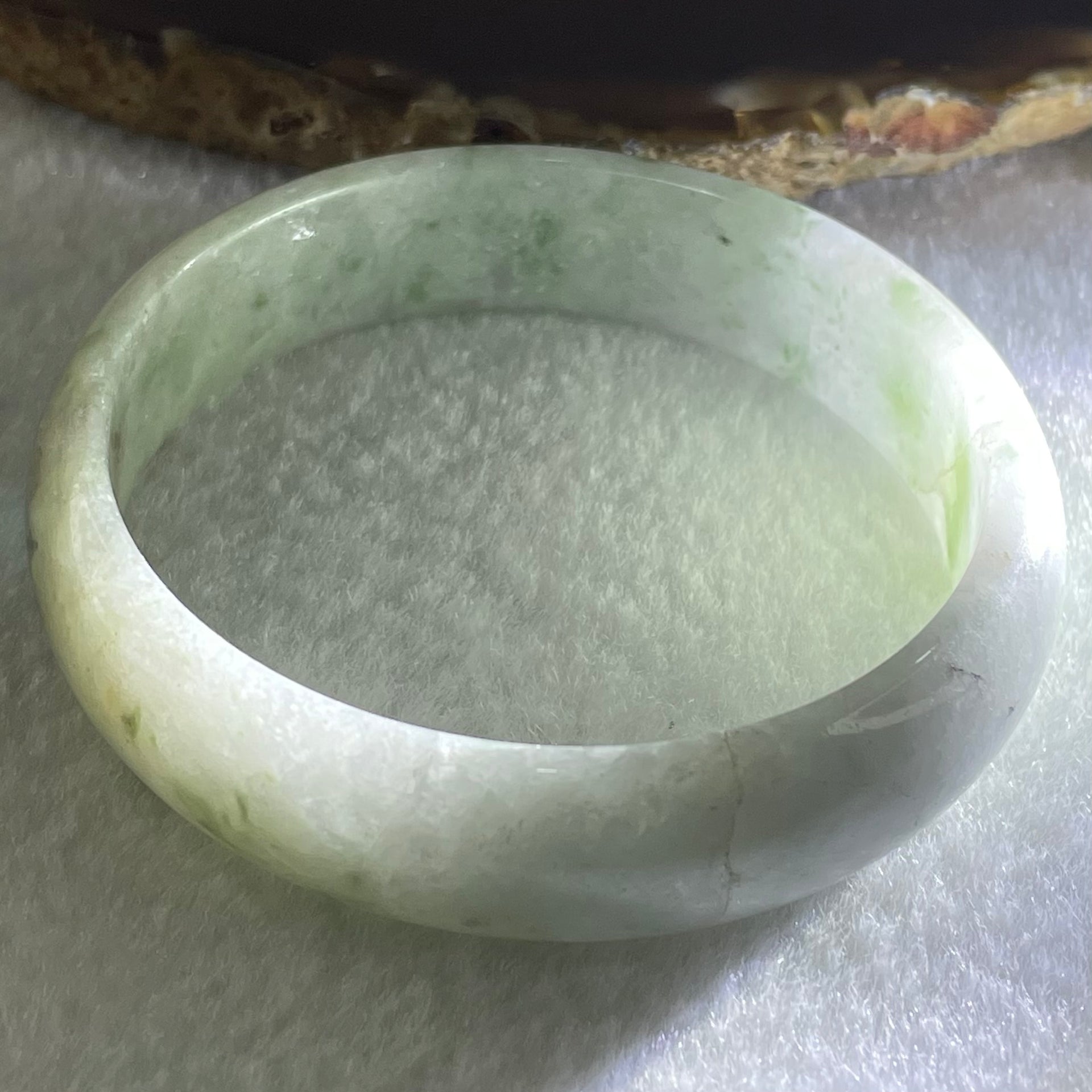 Type A Lavender Green with Green Piao Hua Jadeite Bangle 37.52g Internal Diameter 55.1mm 14.5 by 6.1mm (External Lines with Internal Lines) - Huangs Jadeite and Jewelry Pte Ltd