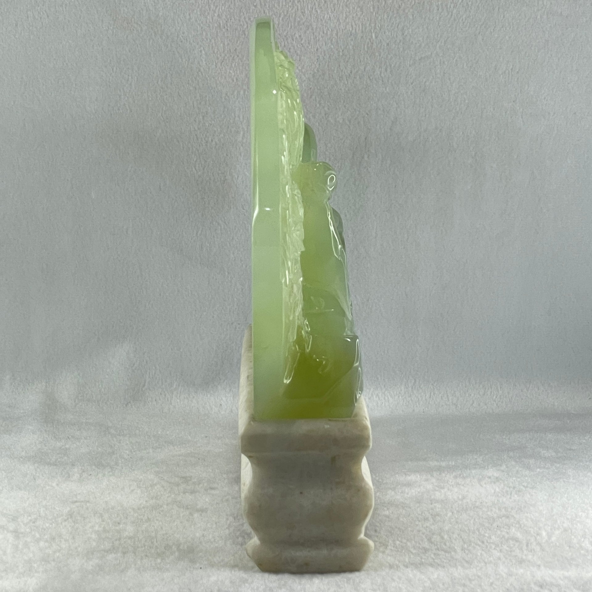 Natural Semi Icy Green Serpentine 3 Seals with Double Whales on Shan Shui with Stone Stand Display  3,486.0g 326.0 by 50.0 by 210.0mm - Huangs Jadeite and Jewelry Pte Ltd