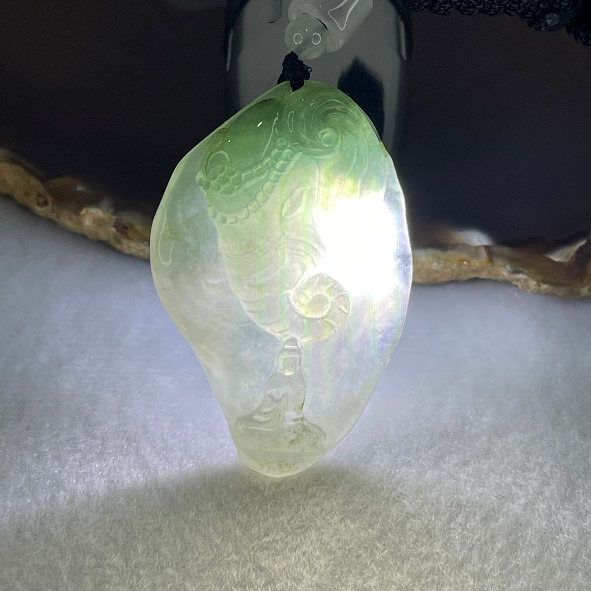 Type A Semi Icy Blueish Green  Jadeite Guan Yin and Elephant Samantabhadra Bodhisattva Pendant 21.65g 51.8 by 33.7 by 7.9mm - Huangs Jadeite and Jewelry Pte Ltd