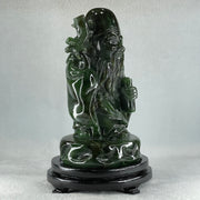 Natural Dark Green Serpentine Shou Xing Gong with Wooden Stand Display 2,374.7g 140.0 by 228.0 by 125.0mm - Huangs Jadeite and Jewelry Pte Ltd