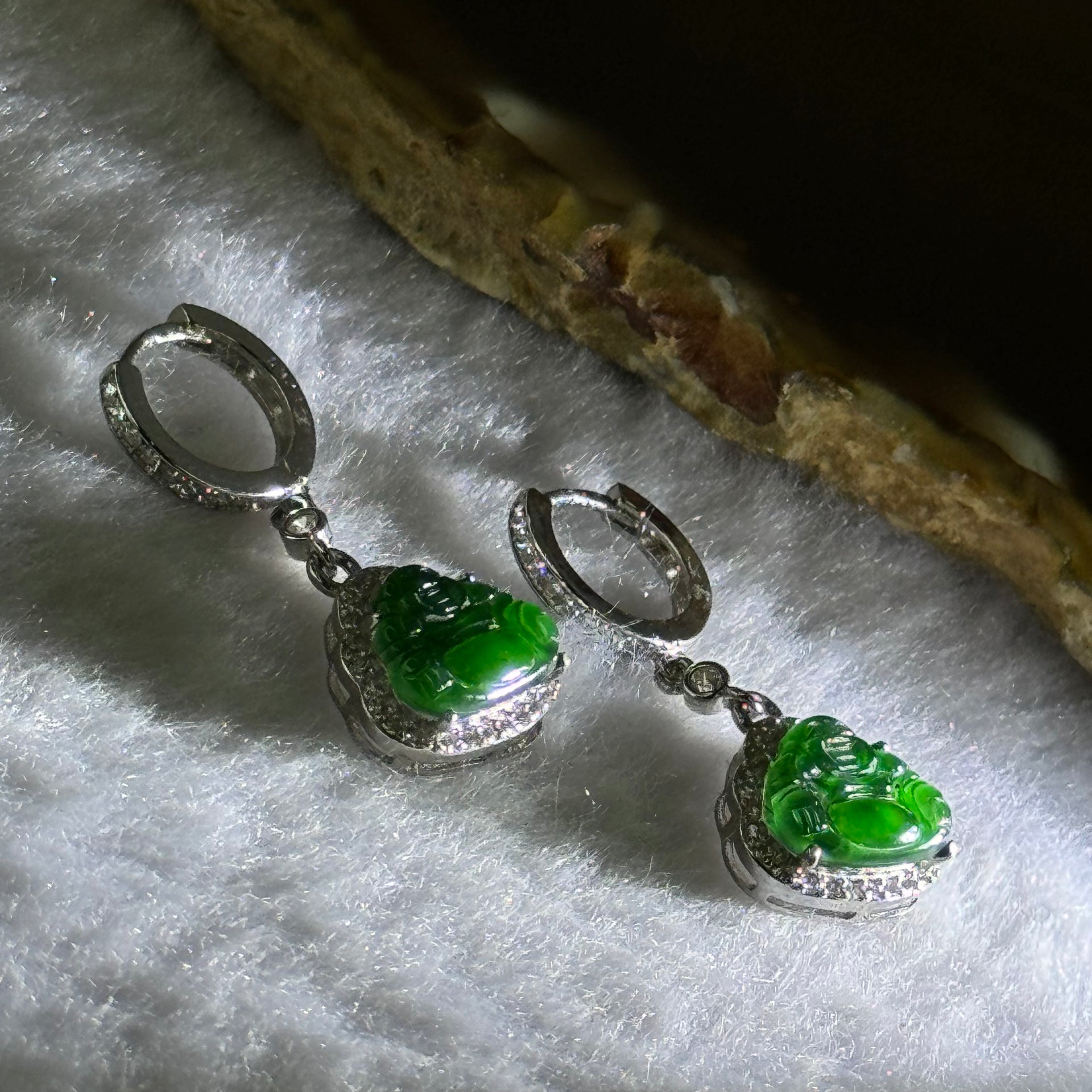 Type A Icy Green Omphasite Jadeite Milo S925 Sliver Earrings 3.64g by 8.7 by 10.6 by 2.5mm  2pcs - Huangs Jadeite and Jewelry Pte Ltd