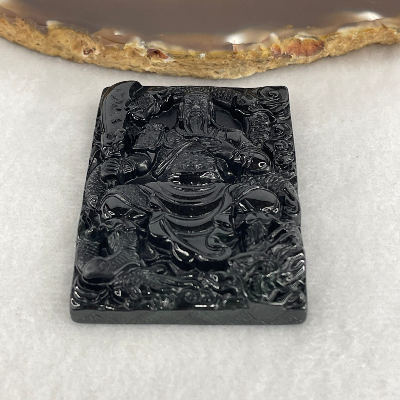 Certified Type A Opaque Black Omphacite Jadeite Guan Gong on Dragon Pendant | God of War & Wealth Protection Talisman (36.80g | 62.0 x 42.2 x 9.5mm)