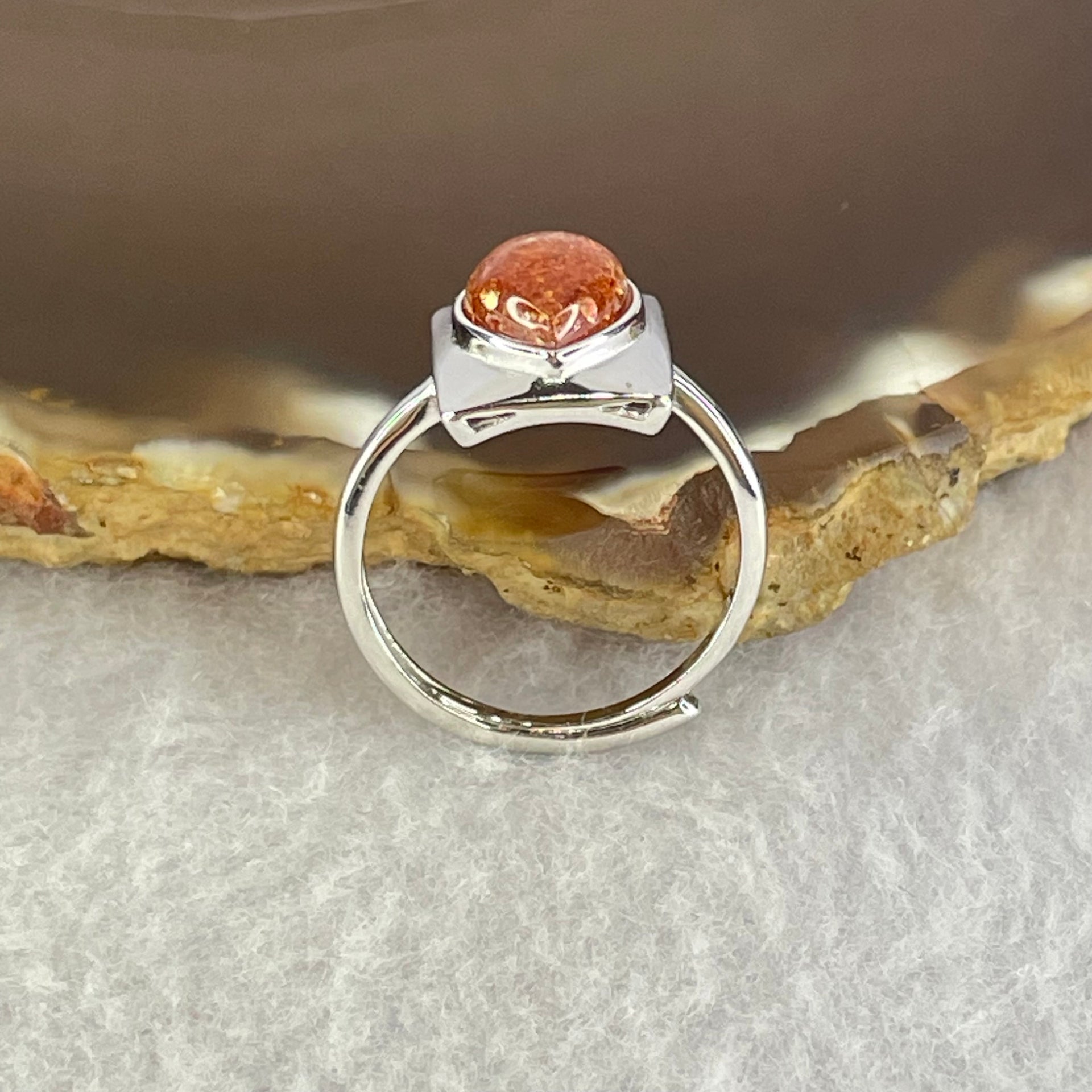 Good Grade Natural Golden Sun Stone in S925 Silver Ring (Adjustable Size) 2.17g 8.9 by 6.9 by 3.5mm - Huangs Jadeite and Jewelry Pte Ltd