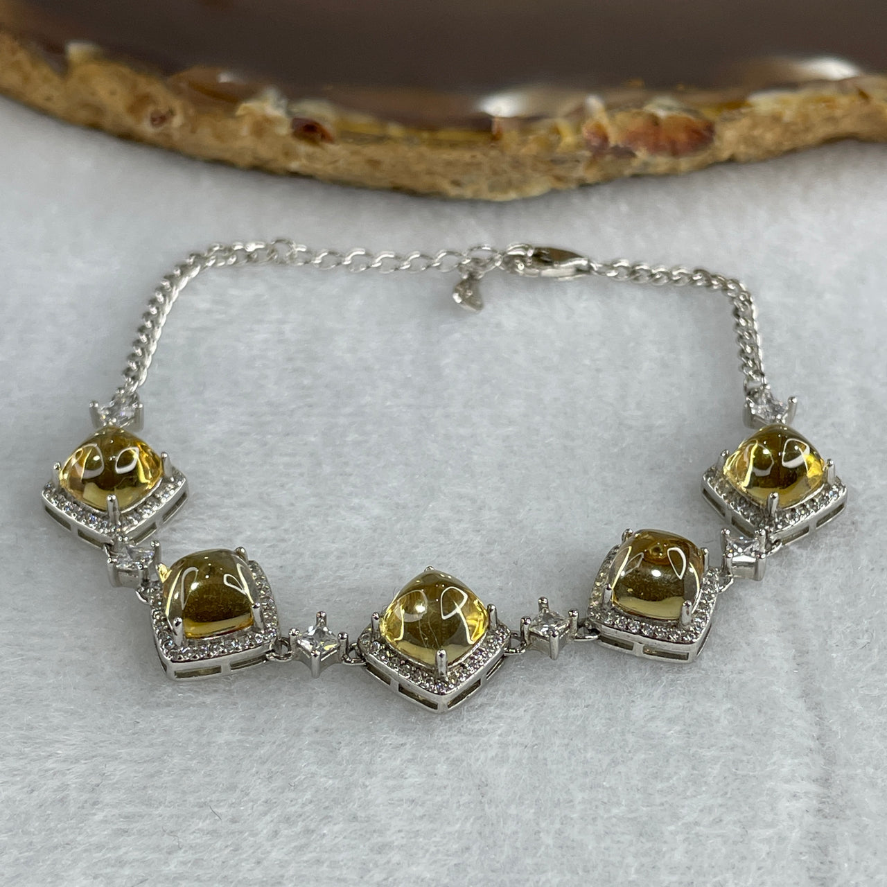 Natural Citrine Bead with Cubic Zirconia Bracelet in S925 Sliver 7.52g 13-16cm 6.8 by 6.0mm 5 Pcs - Huangs Jadeite and Jewelry Pte Ltd