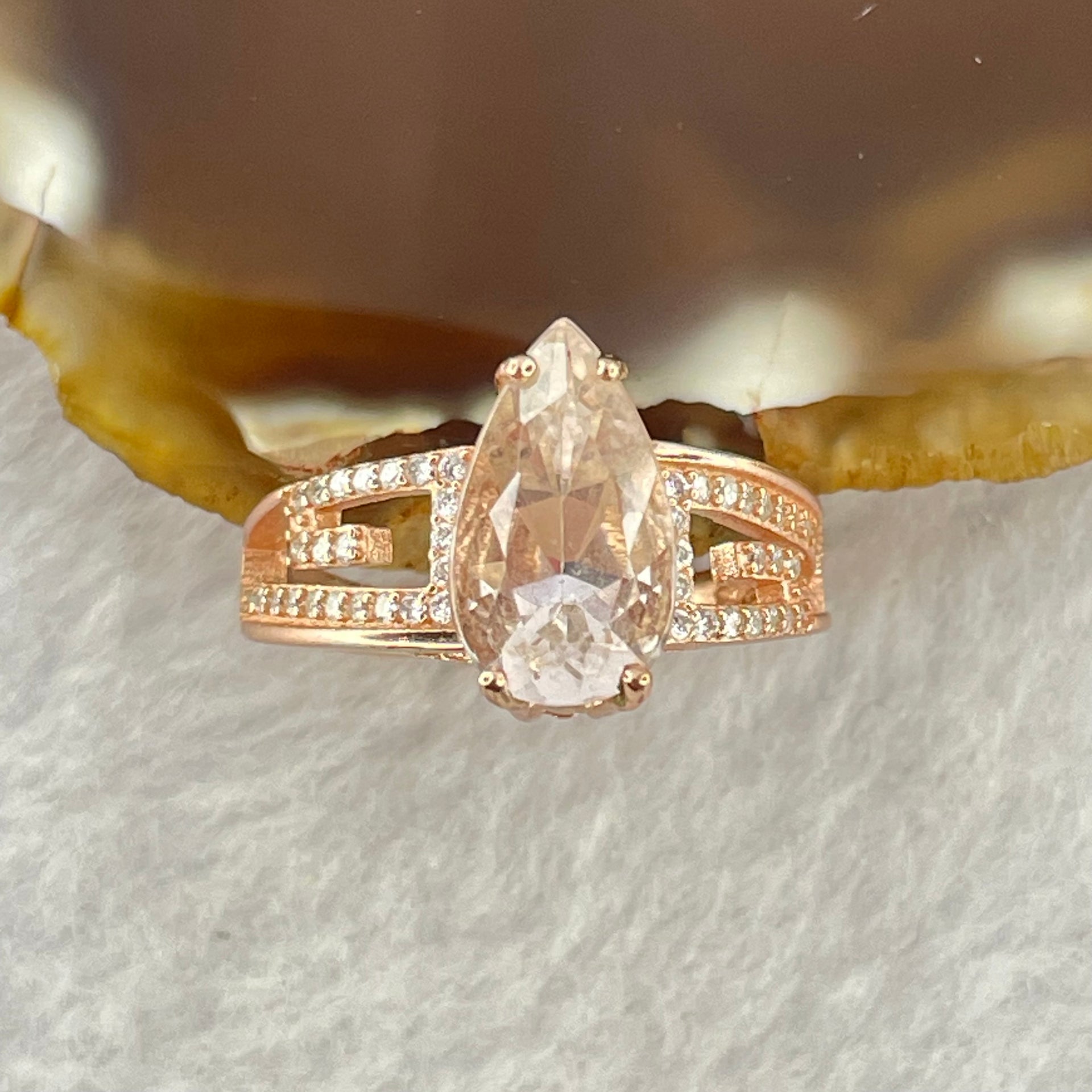 Pink Cubic Zirconia with Crystals In S925 Sliver Rose Gold Color Ring (Adjustable Size) 2.92g 12.5 by 6.6 by 5.5mm - Huangs Jadeite and Jewelry Pte Ltd