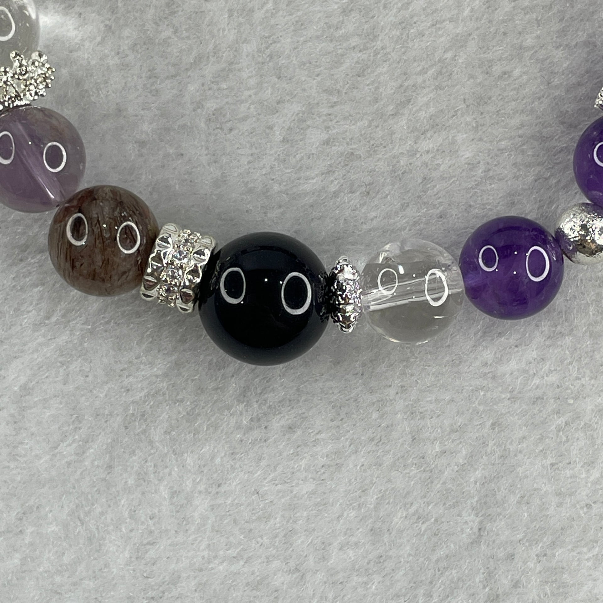Natural Amethyst with Clear Quartz, Onyx, Copper Rutilated Beads with Charms Bracelet 32.57g 17cm 9.8mm-12Beads 12.7mm-4Beads - Huangs Jadeite and Jewelry Pte Ltd