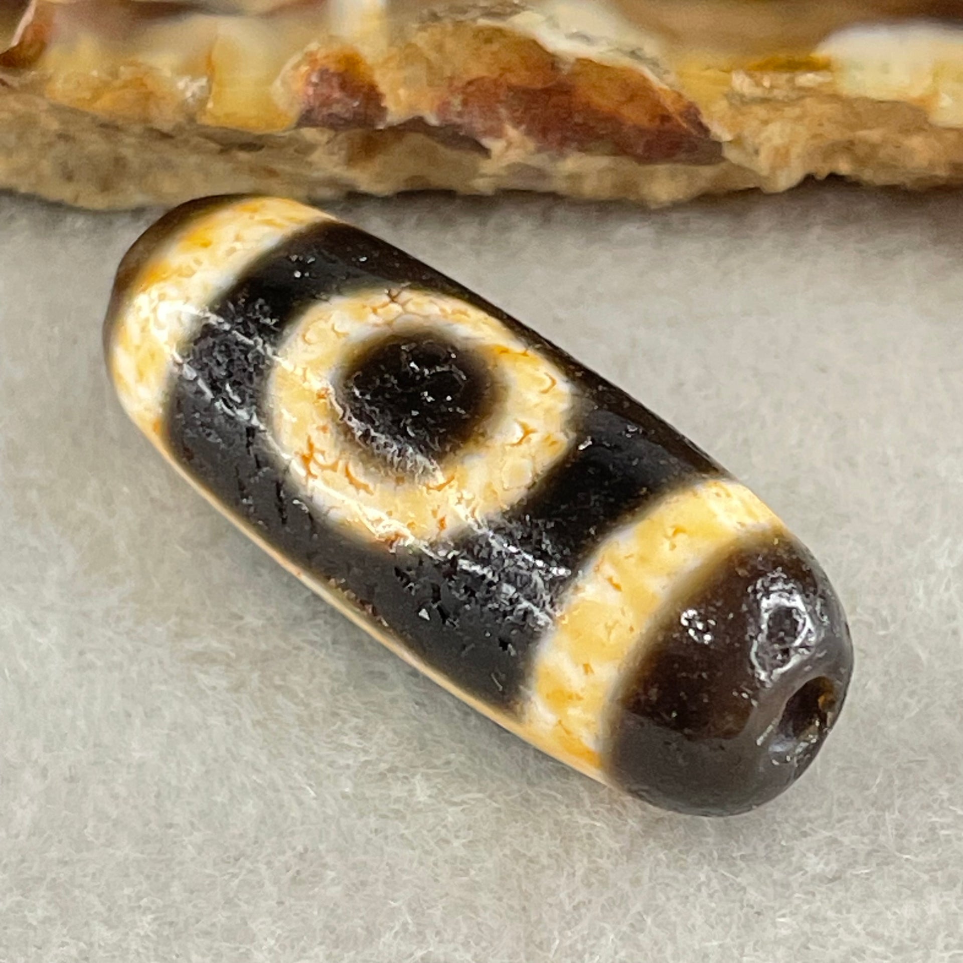 Natural Powerful Tibetan Old Oily Agate 2 Eyes Dzi Bead Heavenly Master (Tian Zhu) 二眼天诛 4.21g 26.7 by 10.2mm - Huangs Jadeite and Jewelry Pte Ltd