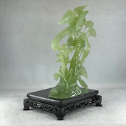 Natural Green Serpentine Phoenix with Double Magpies Birds on Tree with Wooden Stand Display 770.6g 155.0 by 125.0 by 230.0mm - Huangs Jadeite and Jewelry Pte Ltd