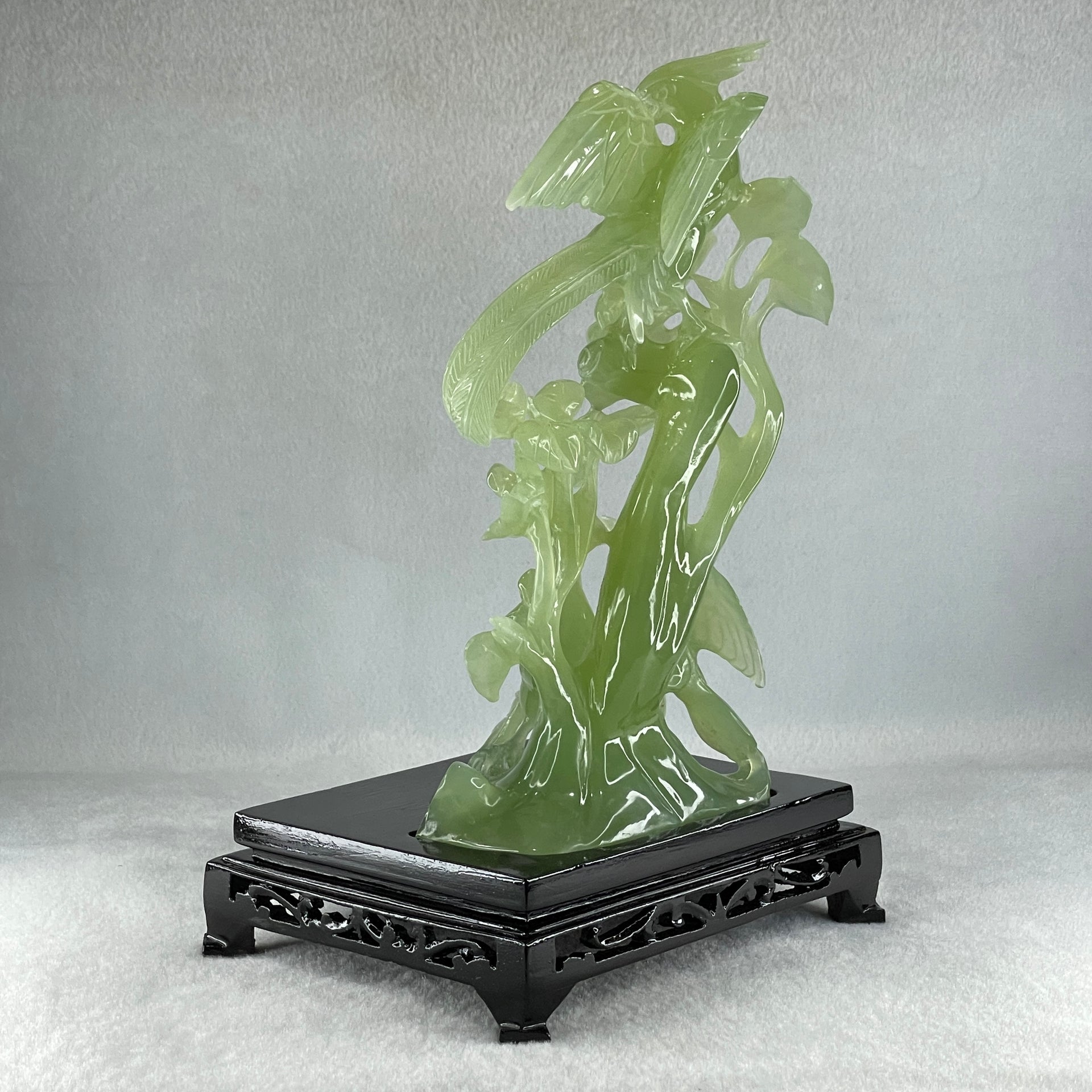 Natural Green Serpentine Phoenix with Double Magpies Birds on Tree with Wooden Stand Display 770.6g 155.0 by 125.0 by 230.0mm - Huangs Jadeite and Jewelry Pte Ltd