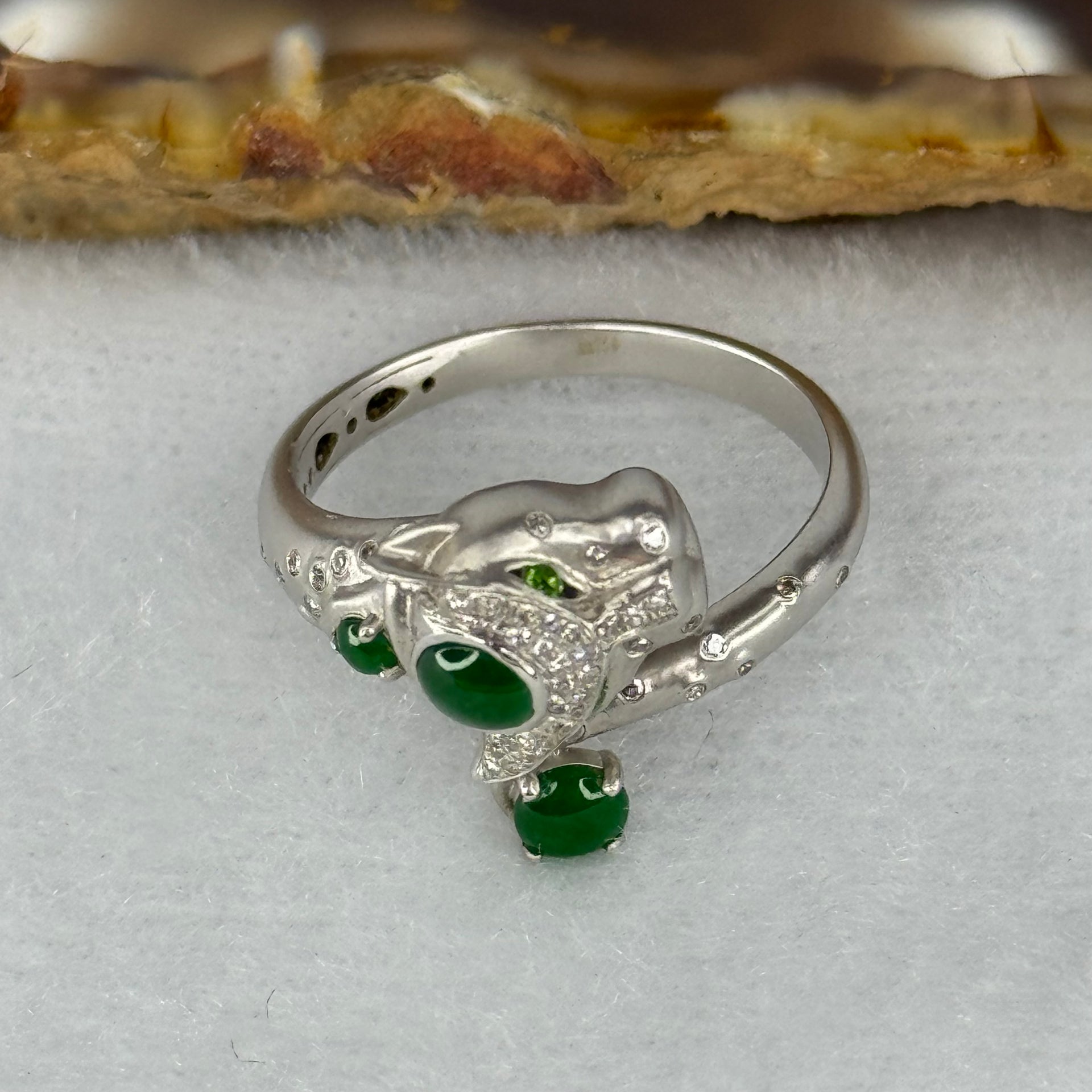 Type A Burmese Full Spicy Green Jade Jadeite Leopard 18K White Gold Ring with Diamonds 3.36g US6.75 HK15 Inner Dia 17.4mm - Huangs Jadeite and Jewelry Pte Ltd