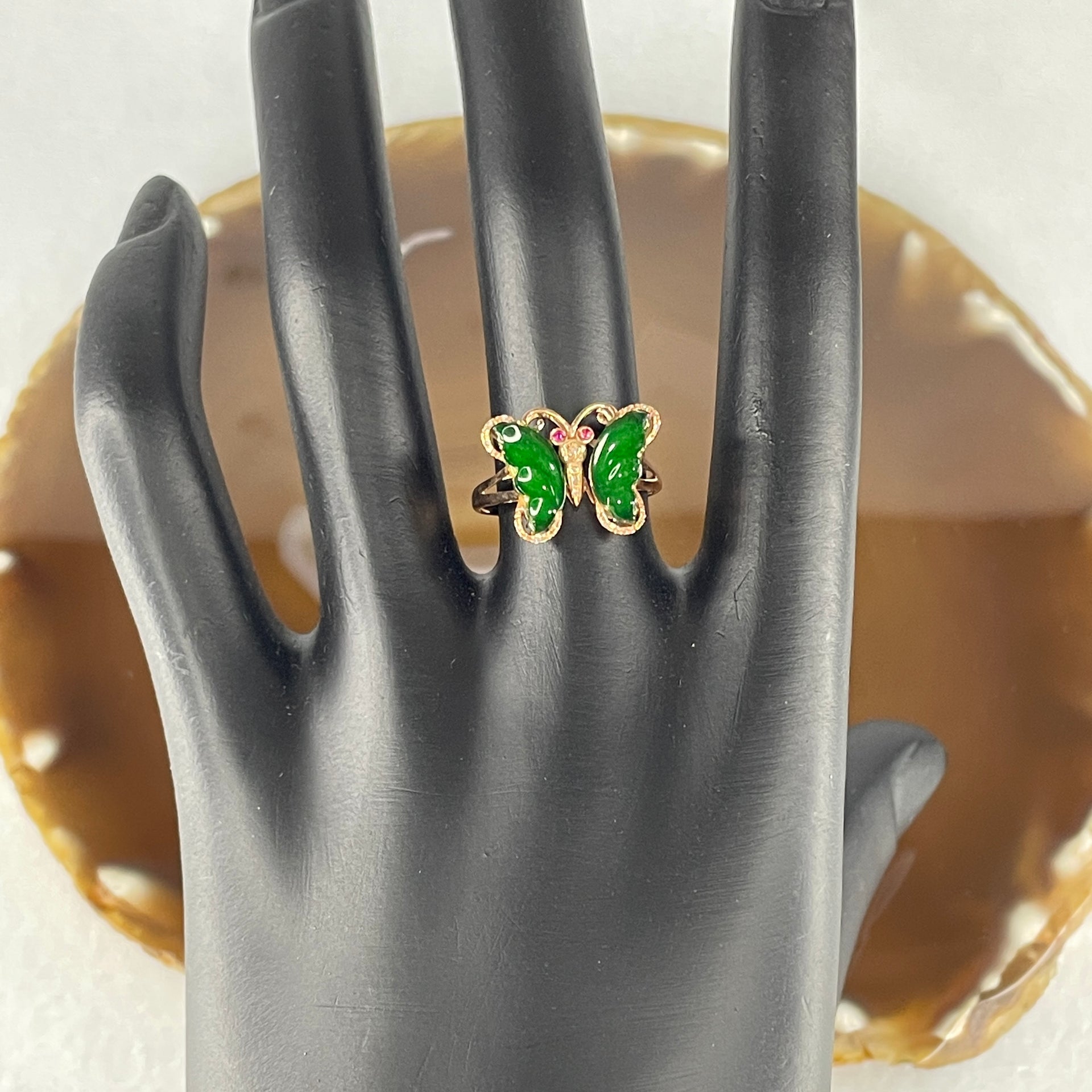 Type A Green Burmese Icy Butterfly Jade Jadeite ring in 18k rose gold & natural diamonds 1.87g  Ring Size: US 6.5 - Huangs Jadeite and Jewelry Pte Ltd