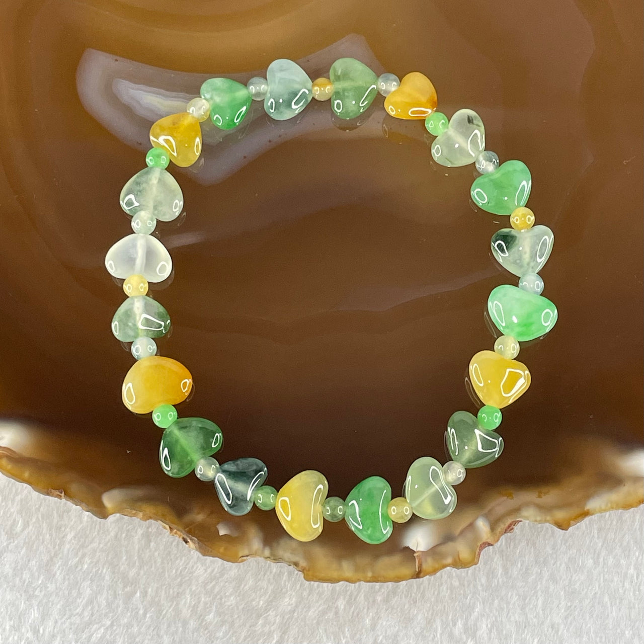 Type Icy A Muti Color (Green, Yellow, White) Jadeite Heart Shaped Beads Bracelet 9.93g 15.5cm 7.1 by 6.5 by 4.4mm 20 beads - Huangs Jadeite and Jewelry Pte Ltd