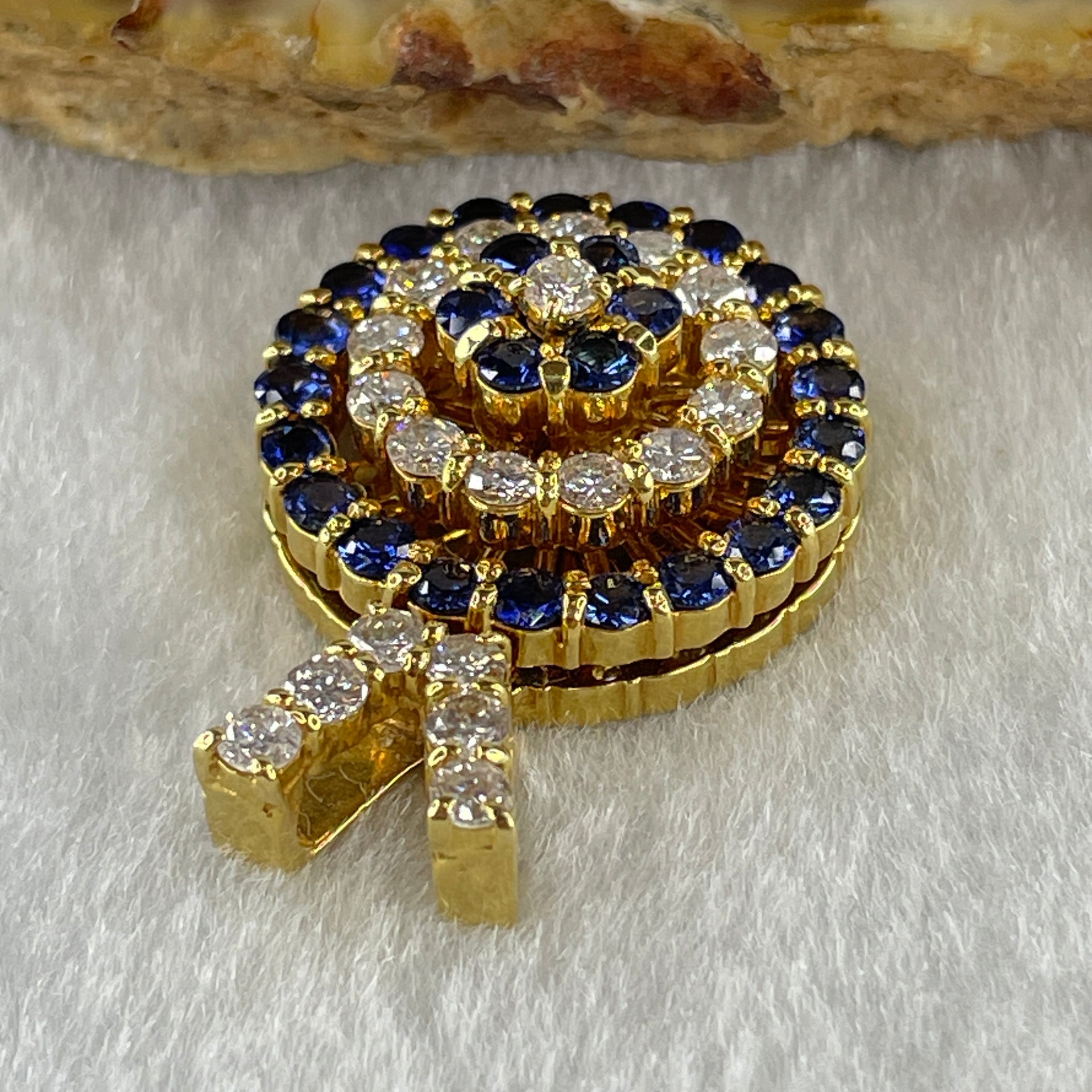 Natural Round Brilliant Blue Sapphire with Round Brilliant Cut Shape Diamonds in 18K Yellow Gold Tripple Rotating Pendant S1.5 with Melees D1.2 ct Total 11.7g 29.1 by 20.4 by 10.7mm - Huangs Jadeite and Jewelry Pte Ltd