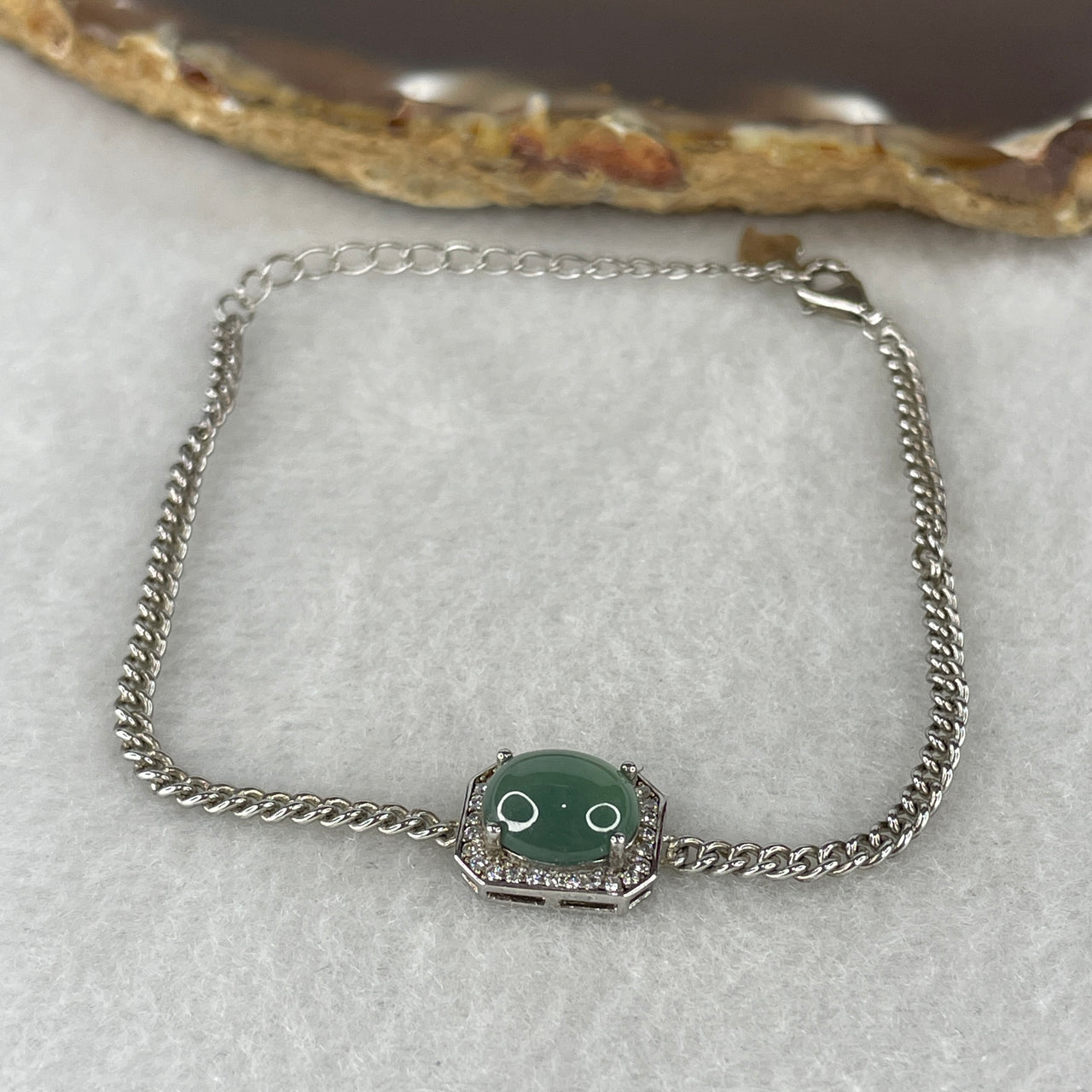 Natural Type A Semi-Icy Blueish Green Jadeite Cabochon Bracelet | S925 Sterling Silver Adjustable 13-16cm Petite Glacial Ocean Luxury Charm (3.70g 9.0x7.7x4.5mm)