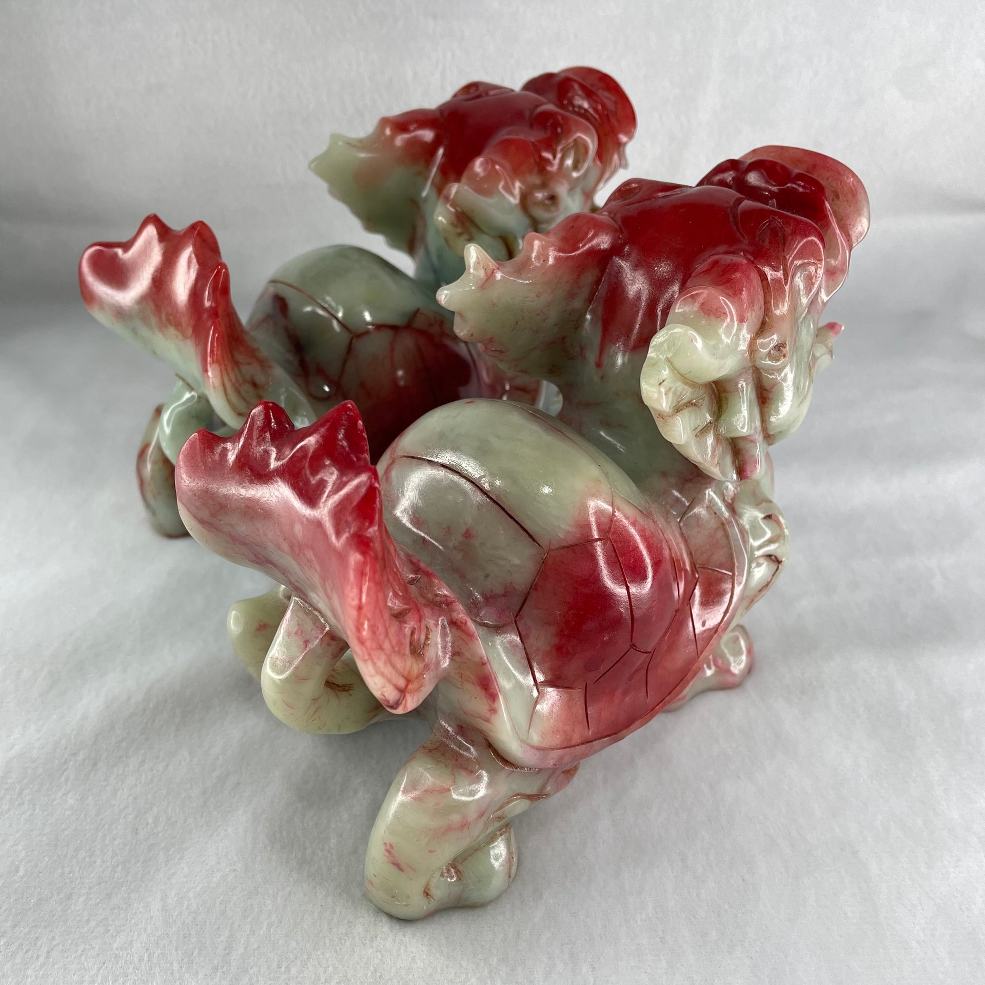 Antique Natural Red Green Marble Long Gui Dragon Turtle Pair Total Weight 2,753.5g each about 155.0 by 70.0 by 11.0mm (Slight Chips) - Huangs Jadeite and Jewelry Pte Ltd