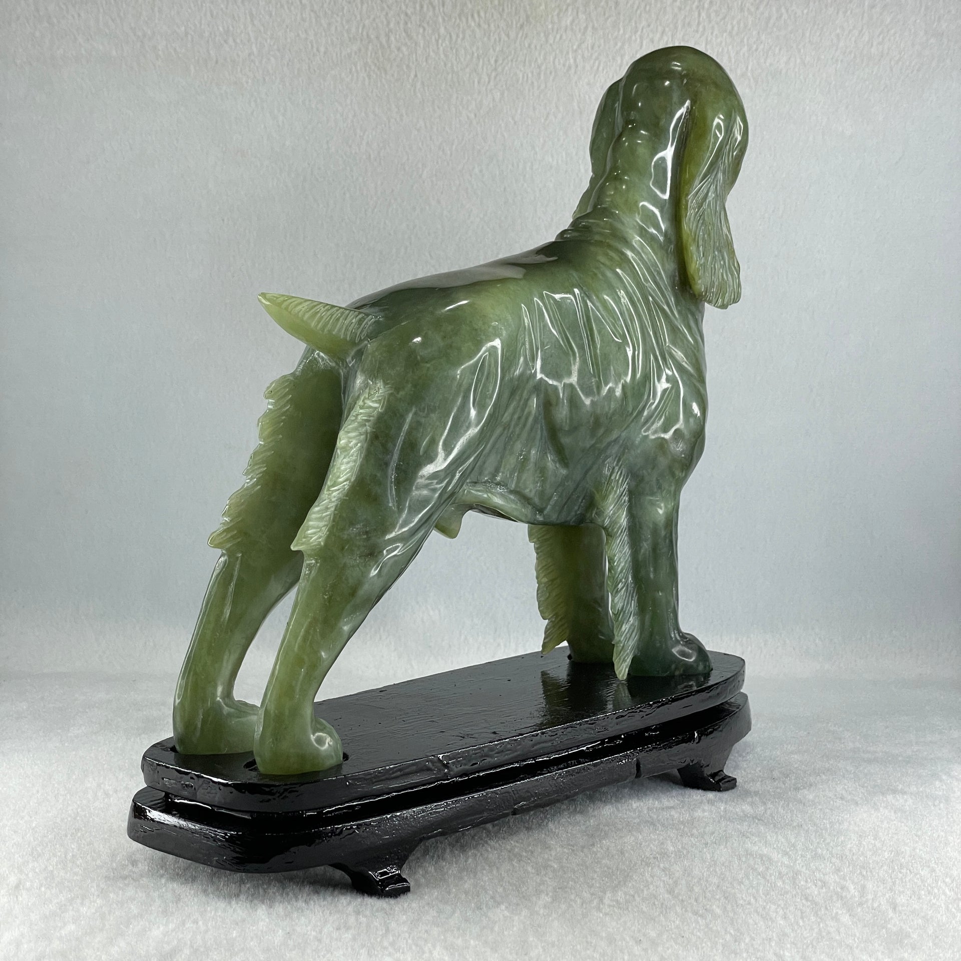 Natural Green with Yellow Serpentine Male Dog with Wooden Stand Feng Shui Display 1,780.3g 220.0 by 82.0 by 220.0mm - Huangs Jadeite and Jewelry Pte Ltd