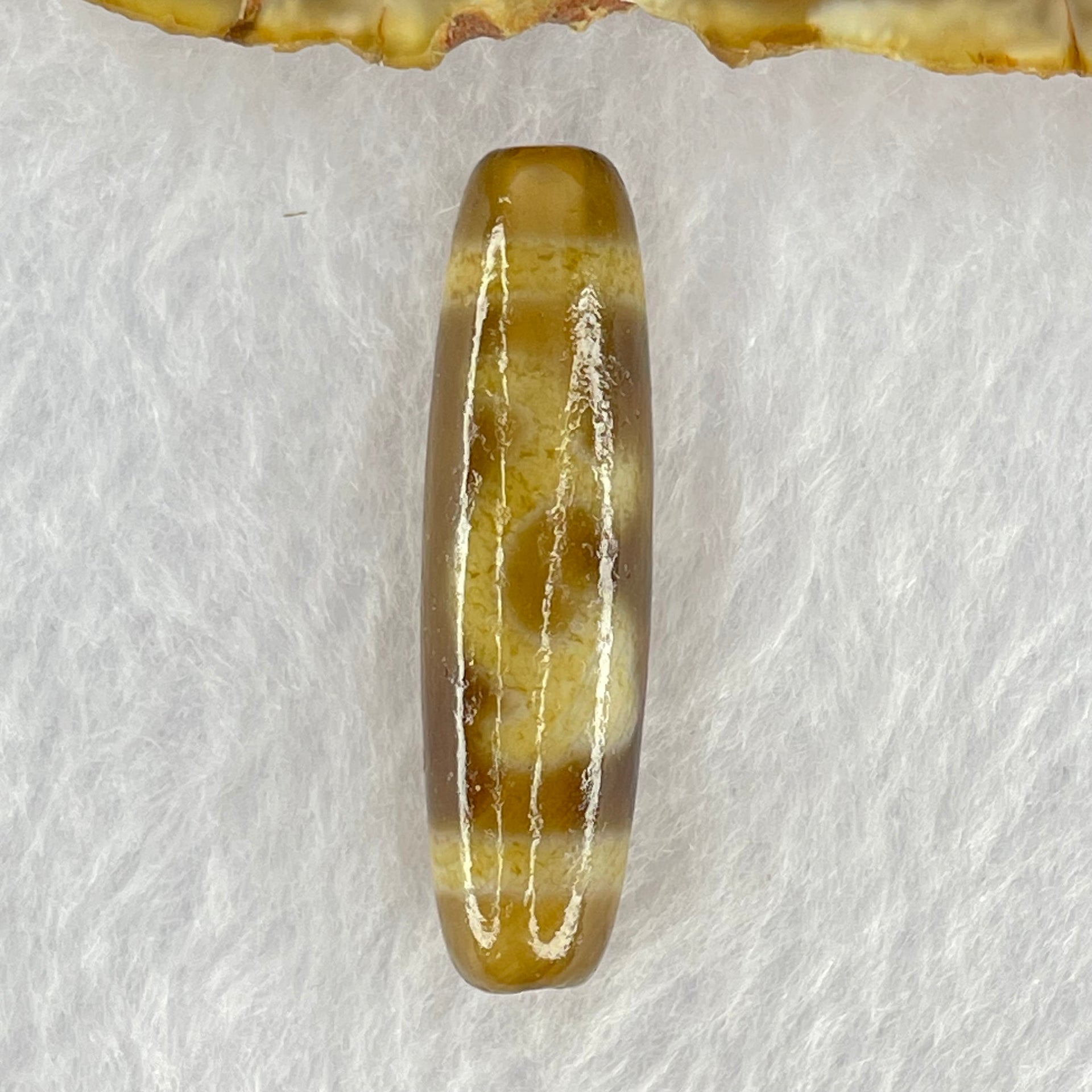 Natural Powerful Tibetan Old Oily Brown Yellowish White Agate Green Tara Dzi Bead Heavenly Master (Tian Zhu) 绿度母天珠 6.05g 37.7 by 10.4mm - Huangs Jadeite and Jewelry Pte Ltd