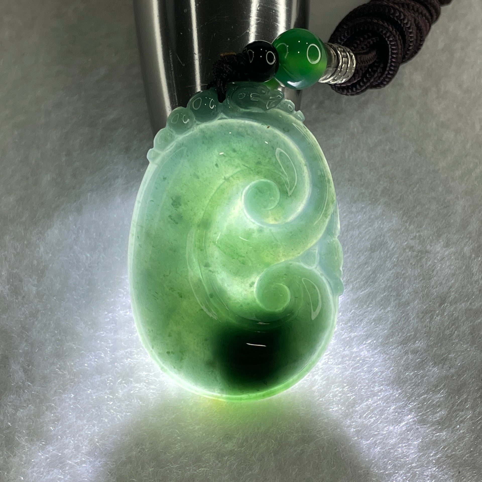 Natural Type A Blueish Green Jadeite Dragon Head on Ruyi Pendant 17.96g 43.5 by 29.4 by 6.5mm - Huangs Jadeite and Jewelry Pte Ltd