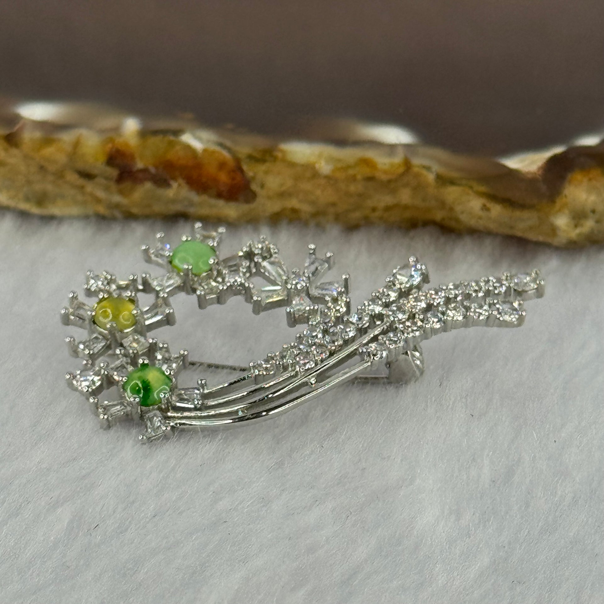 Type A Green Yellow Jadeite with Crystals in S925 Sliver Brooch 4.05g 3.6 by 1.5mm 3pcs - Huangs Jadeite and Jewelry Pte Ltd
