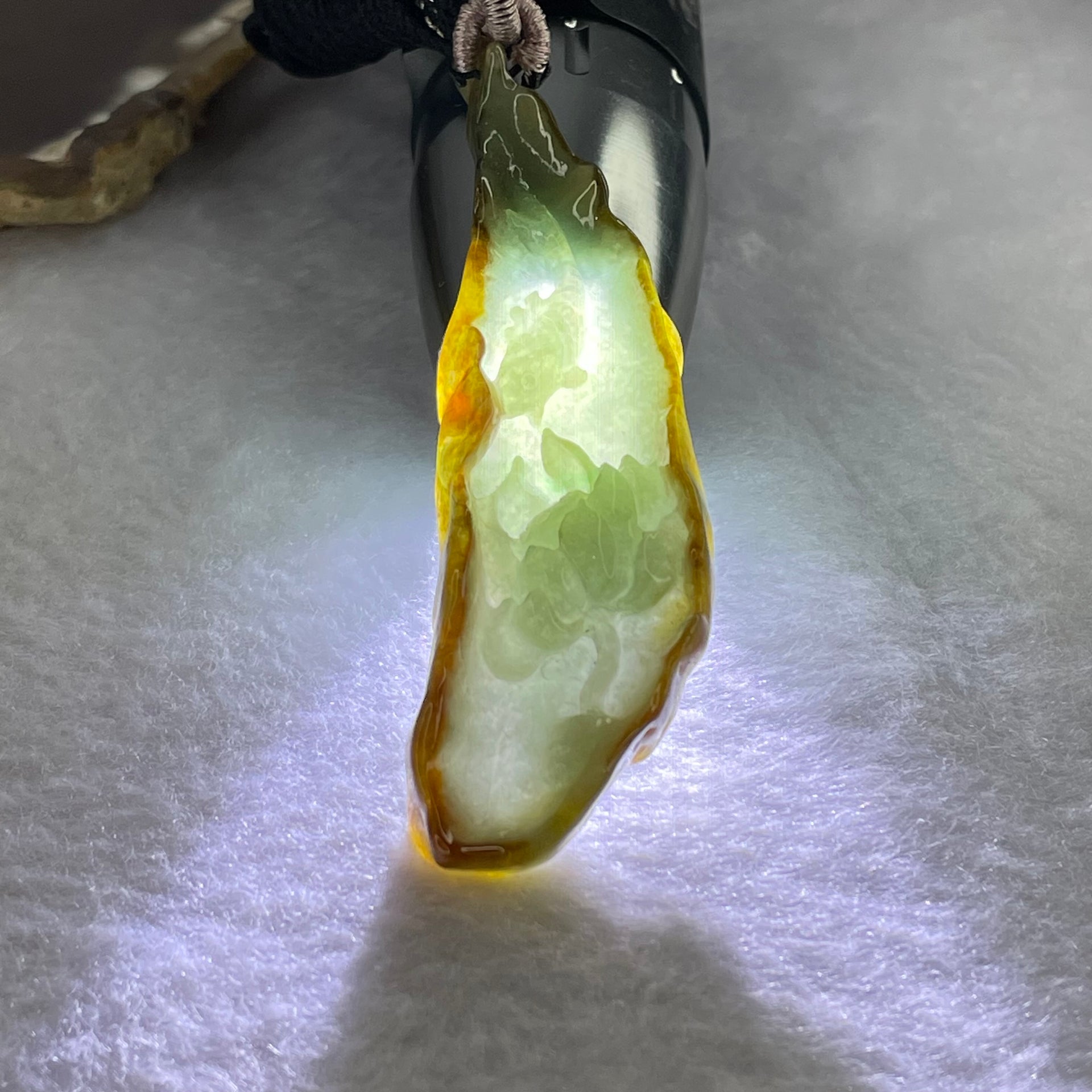 Type A Green and Brown Jadeite Lotus Flower and Koi Fish Pendent 21.41g 66.3 by 22.0 by 9.4mm - Huangs Jadeite and Jewelry Pte Ltd