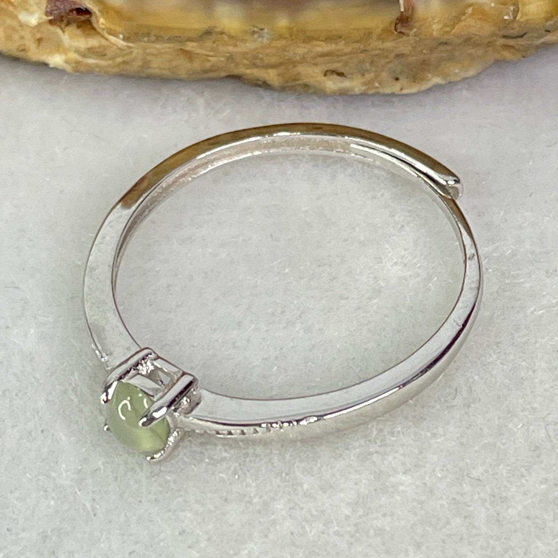 Type A Semi Icy Green Cabochon Jadeite in S925 Sliver Ring (Adjustable Size) 1.09g 4.0 by 2.0mm - Huangs Jadeite and Jewelry Pte Ltd