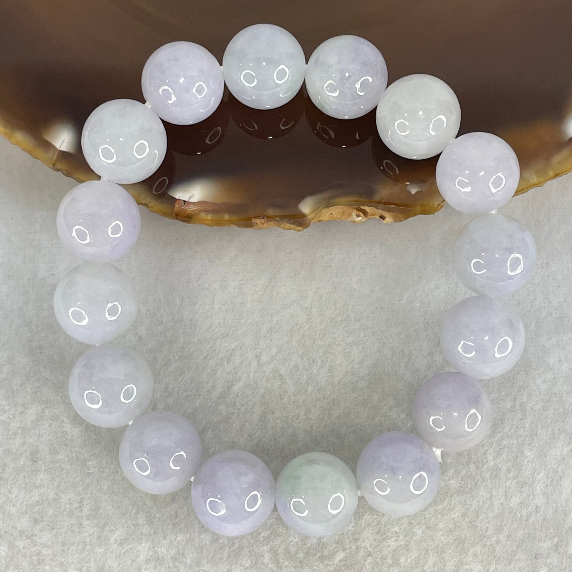 Good Grade Type A Lavender with Green Piao Hua  Jadeite Beads Bracelet 45.92g 16cm by 12.1mm by 16 Beads - Huangs Jadeite and Jewelry Pte Ltd