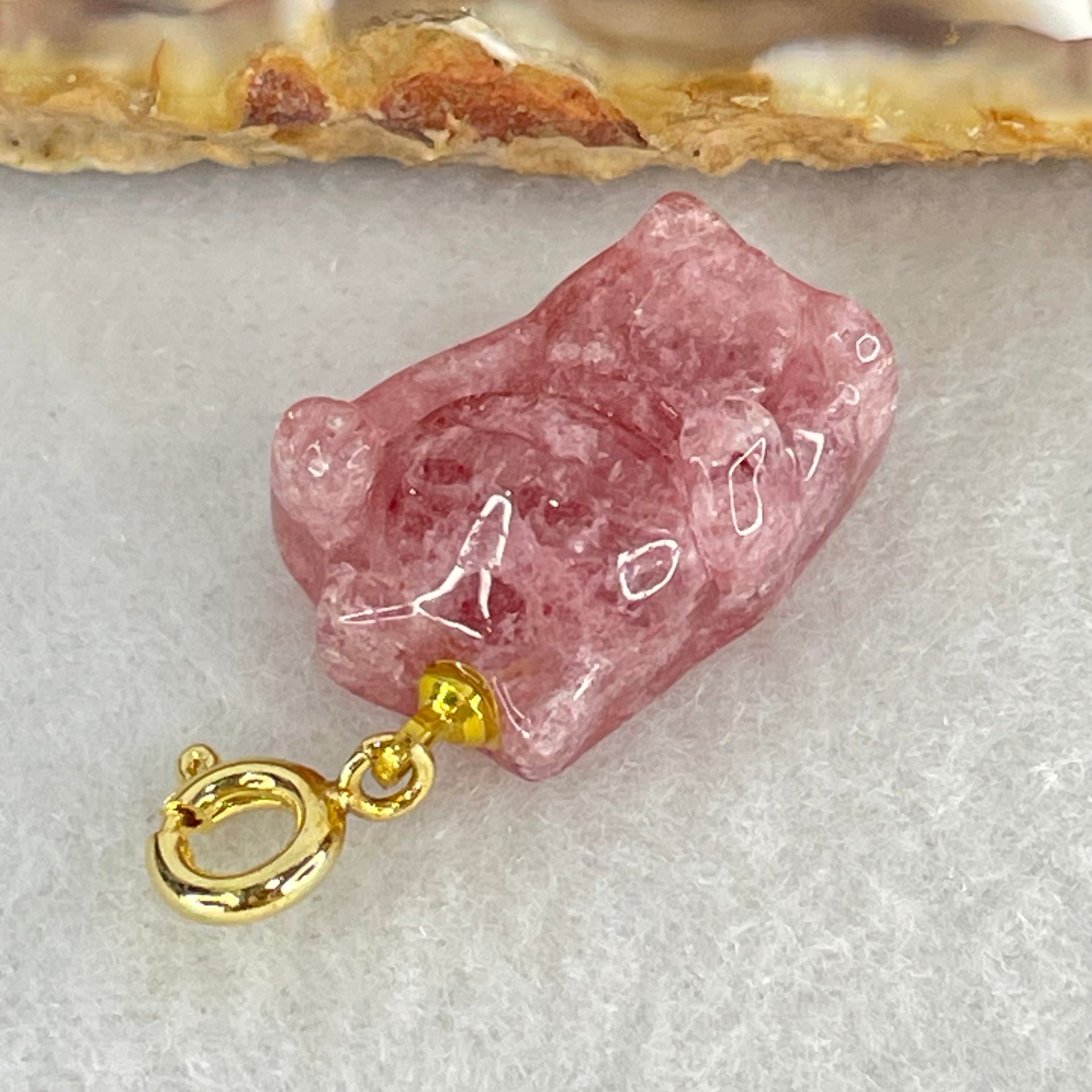 Natural Strawberry Quartz Fortune Cat Charm 3.76g 18.3 by 13.0 by 9.1mm - Huangs Jadeite and Jewelry Pte Ltd