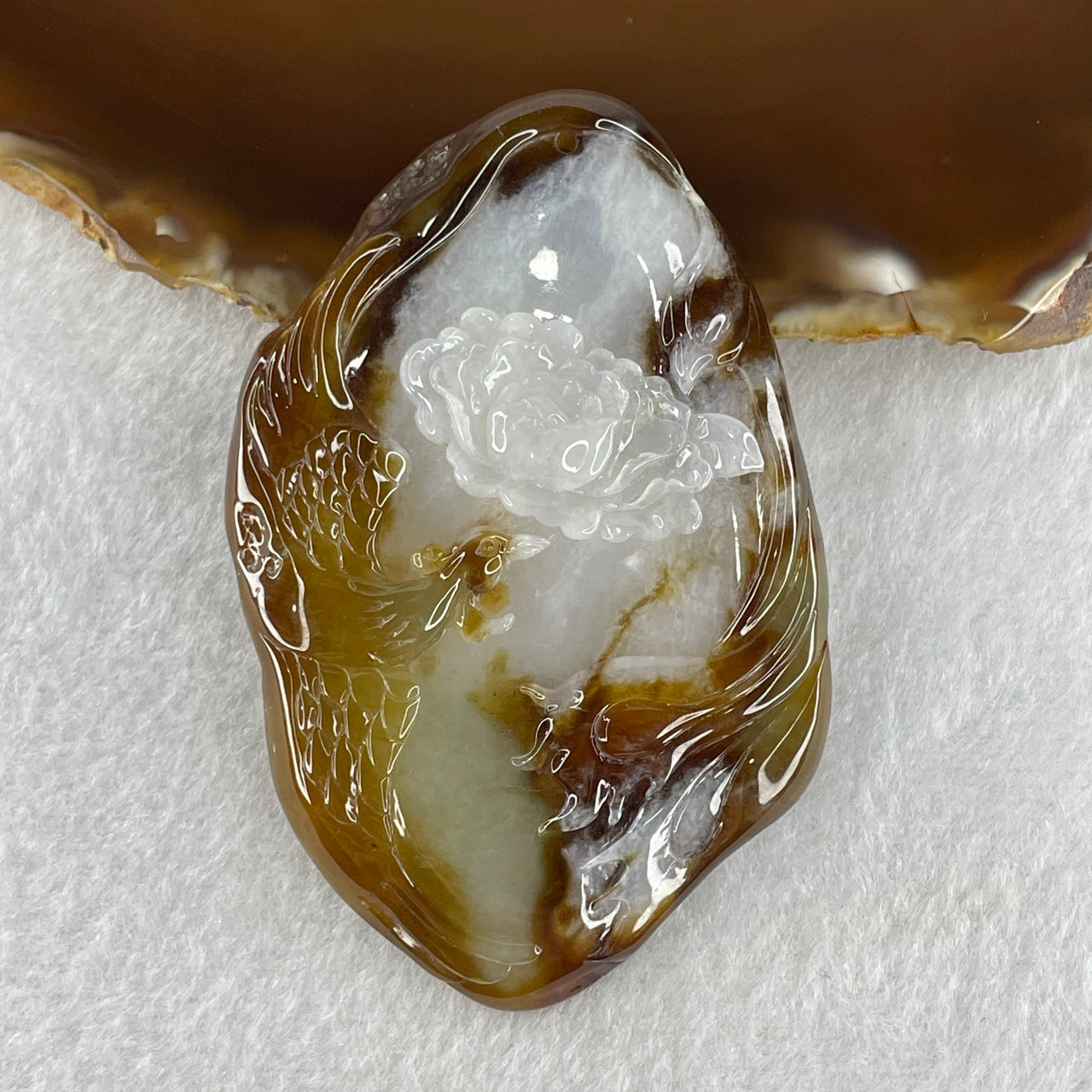 Certified Natural Type A Brown with Faint Lavender Faint Green Jadeite Phoenix with Lotus Flower Pendant 42.66g 72.0 by 45.3 by 7.9mm