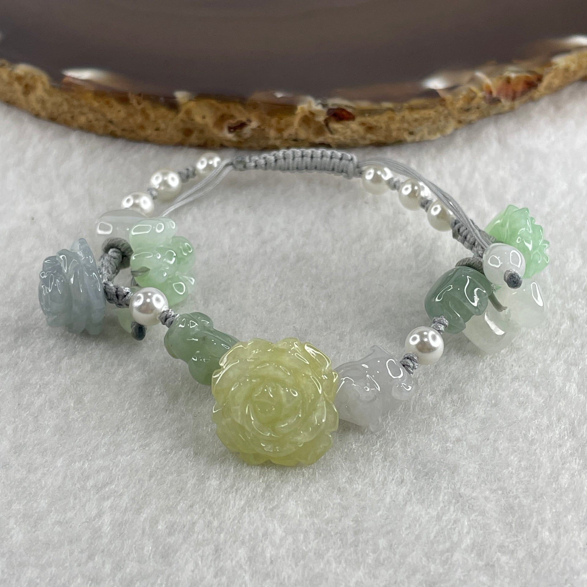 Natural Type A Green with Lavender and light Yellowish Jadeite Flower and Cat Dog Butterfly with Faux Pearl Bracelet 17.34g 15-18cm 16.0mm - Flower - Huangs Jadeite and Jewelry Pte Ltd
