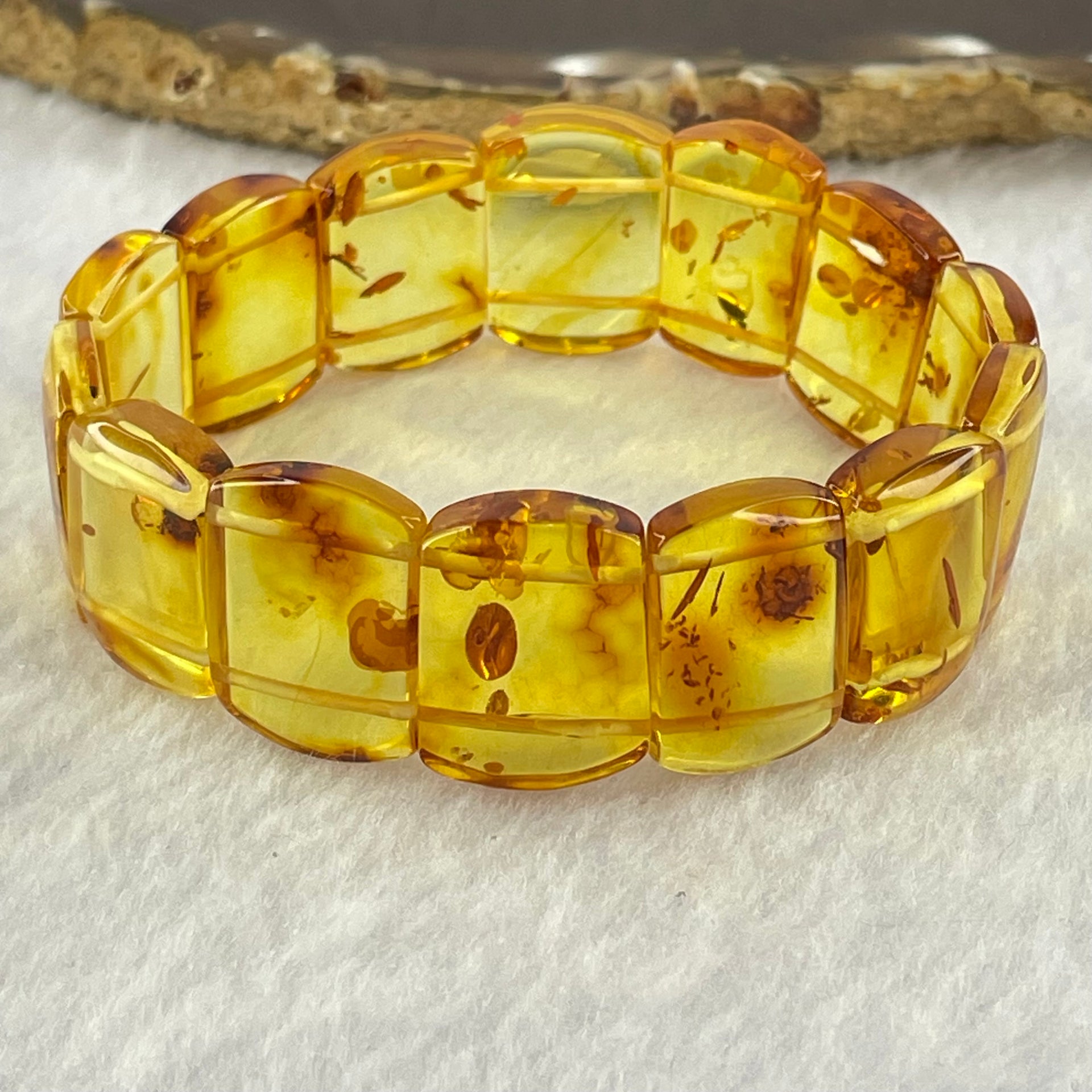Natural Yellow Flower Amber Shou Pai Bracelet 天然花珀手牌手链 15.96g 16cm 19.8 by 14.4 by 5.1mm 14pcs - Huangs Jadeite and Jewelry Pte Ltd