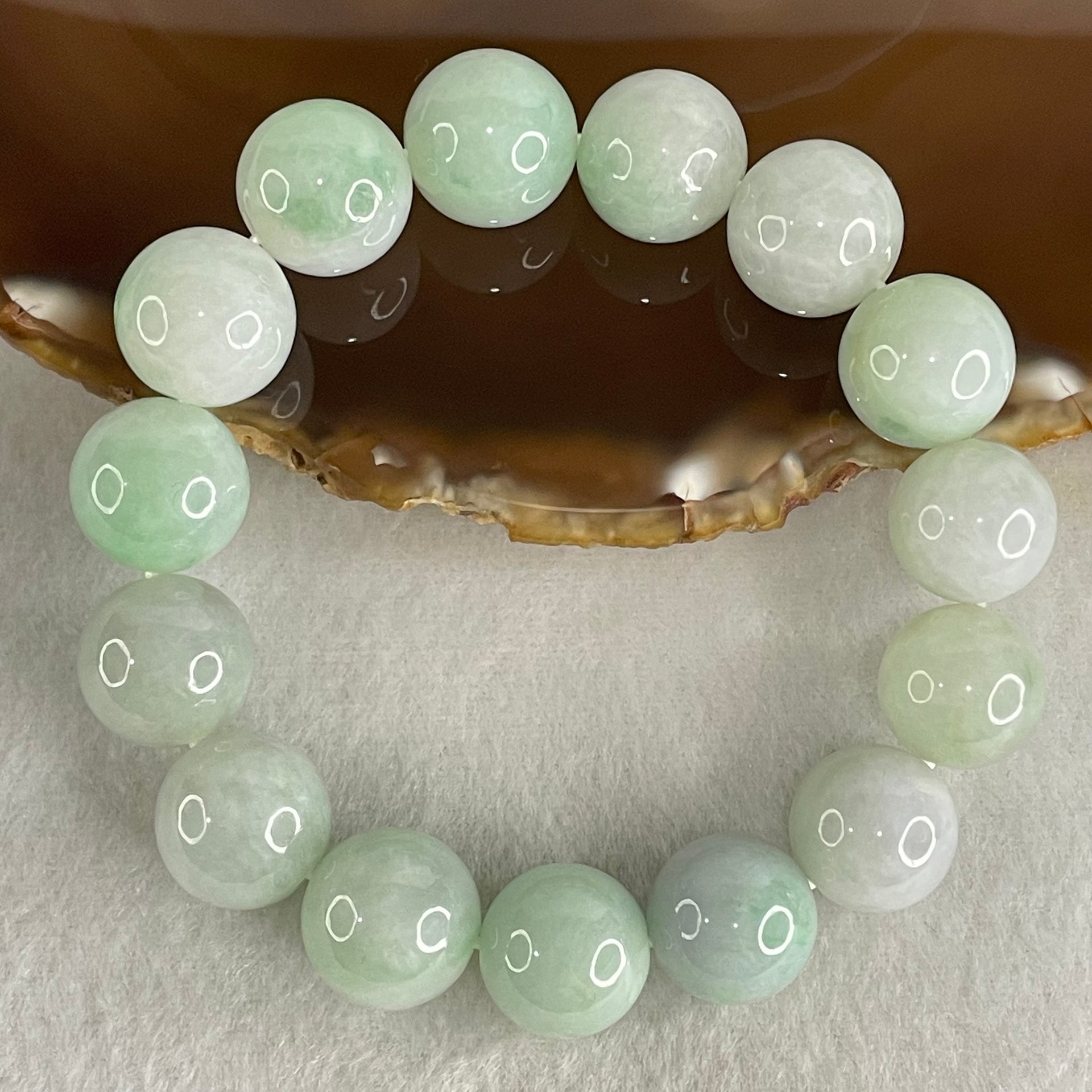 Type A Light Green with Light Lavender Jadeite Beads Bracelet 78.22g 17cm 14.8mm 15 Beads (Some Internal Lines) - Huangs Jadeite and Jewelry Pte Ltd