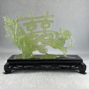 Natural Green Serpentine 囍 Double Happiness Love Birds with Flower with Wooden Stand Display 469.1g 192.0 by 138.0 by 68.0mm - Huangs Jadeite and Jewelry Pte Ltd