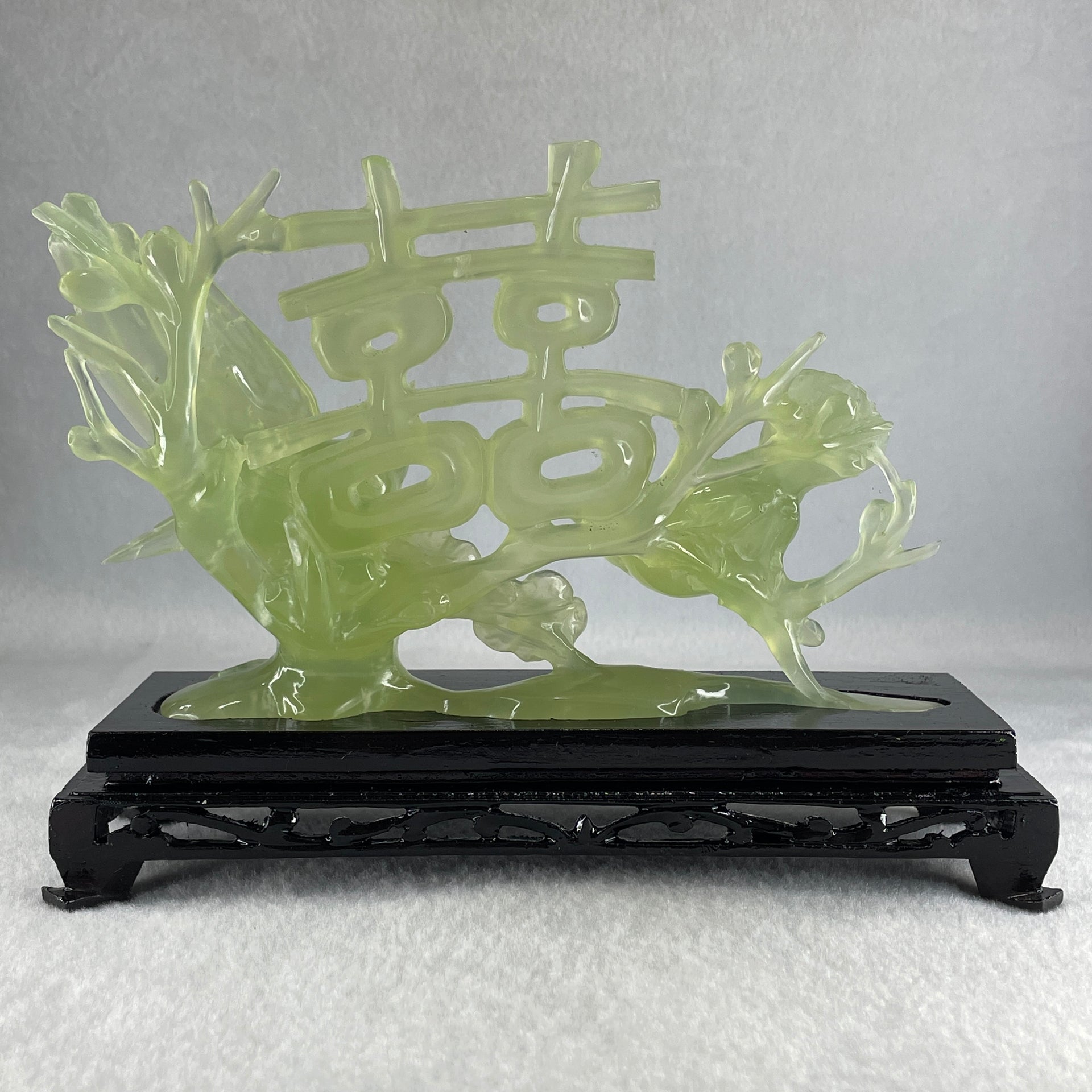 Natural Green Serpentine 囍 Double Happiness Love Birds with Flower with Wooden Stand Display 469.1g 192.0 by 138.0 by 68.0mm - Huangs Jadeite and Jewelry Pte Ltd