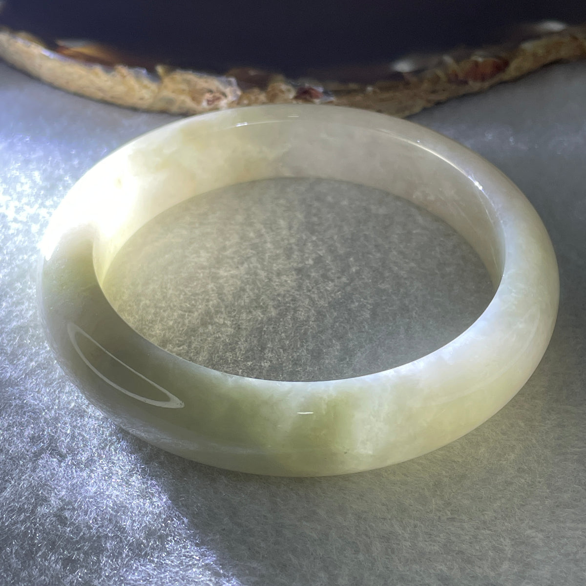 Certified Natural Type A Yellowish Green Jadeite Bangle | 59.3mm Inner Diameter (65.33g 12.9x8.5mm | Very Very Slight Internal Line | Abundance, Joy & Solar-Heart Synergy) - Huangs Jadeite and Jewelry Pte Ltd