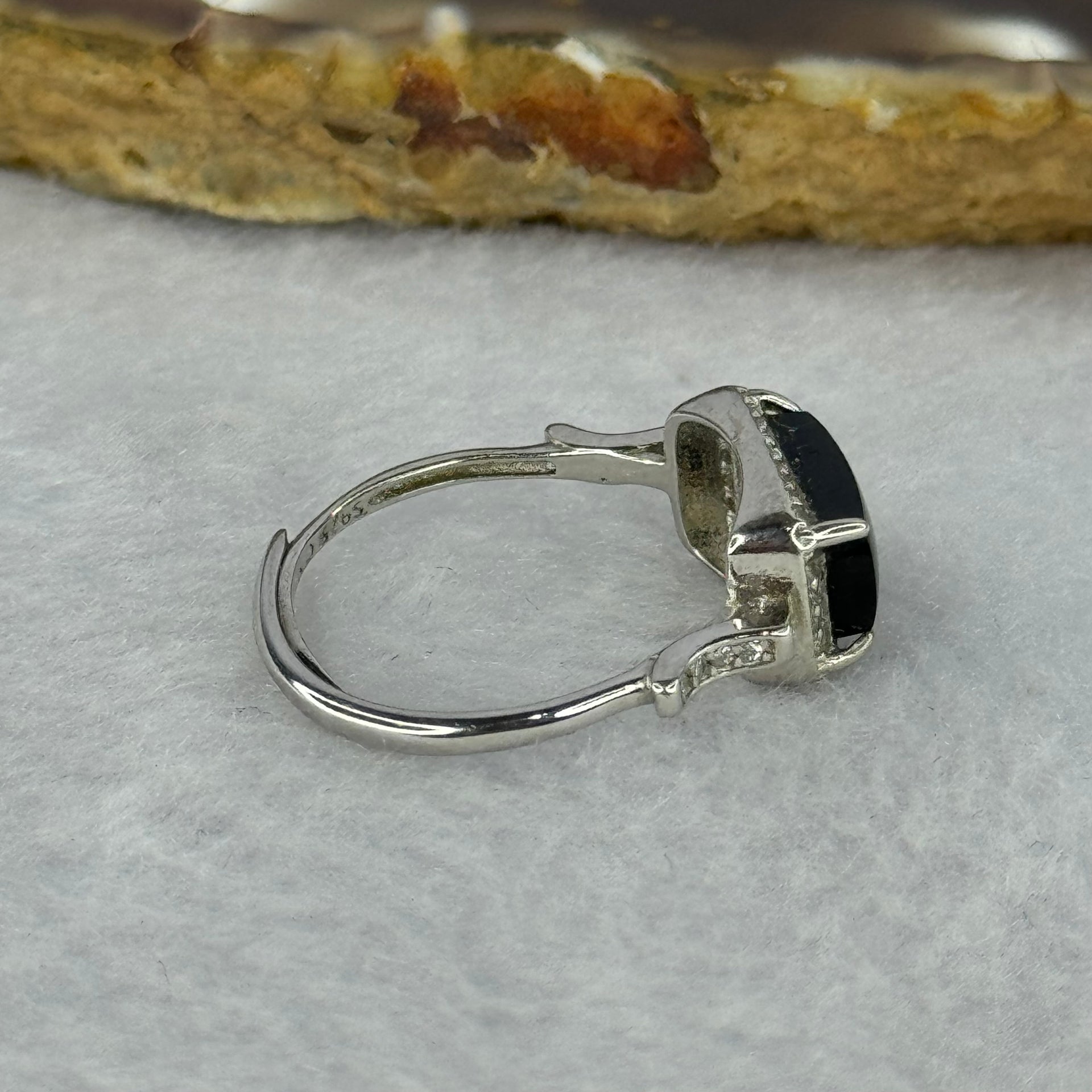 Type A Translucent Black Omphasite Jadeite with Crystals in S925 Sliver Ring (Adjustable Size) 2.00g 11.1 by 6.1 by 3.0mm - Huangs Jadeite and Jewelry Pte Ltd