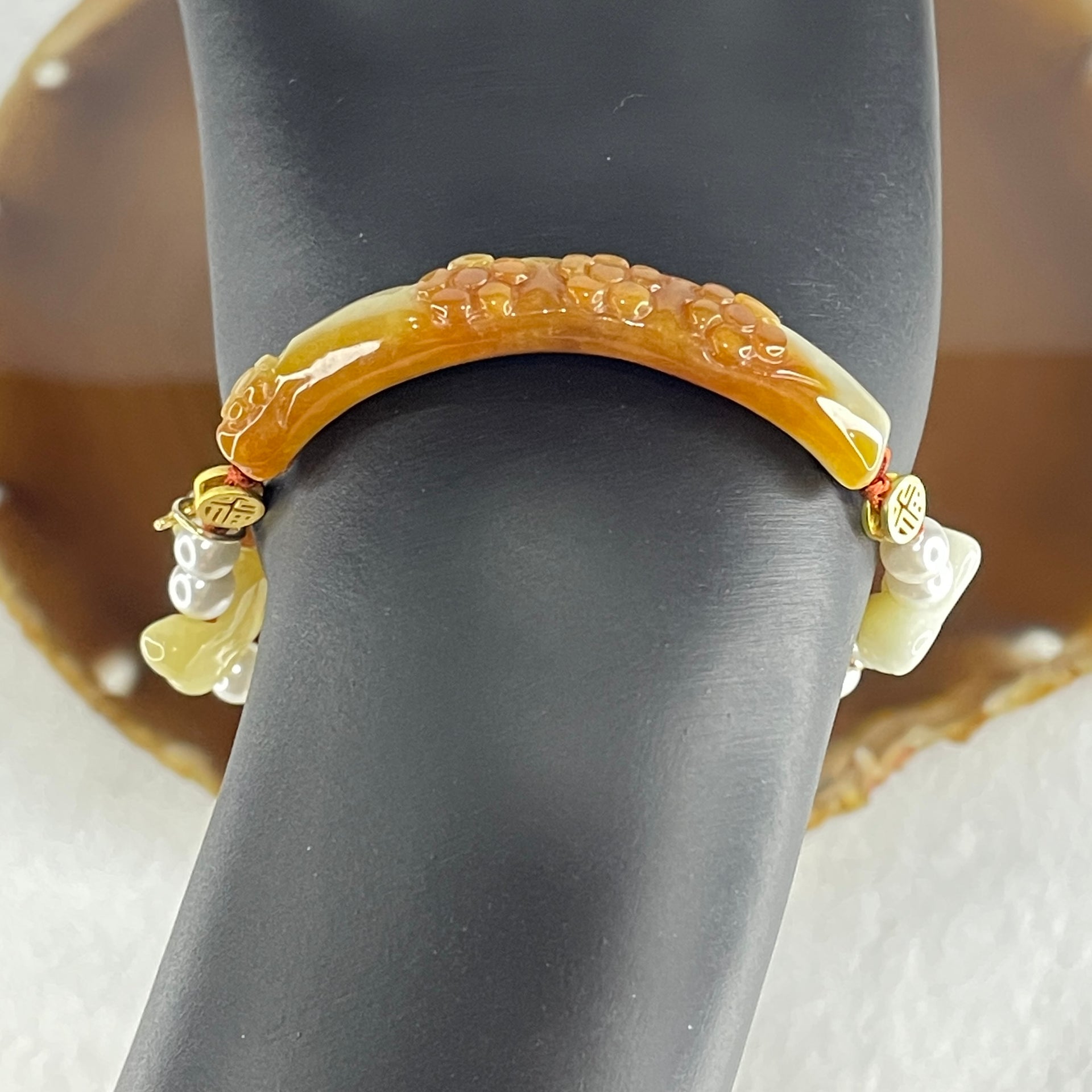 Natural Type A Brownish with Green Jadeite Flowers with Strawberry and Butterfly Charms Bracelet 14.88g 16cm 8.3 by 6.2mm - Huangs Jadeite and Jewelry Pte Ltd