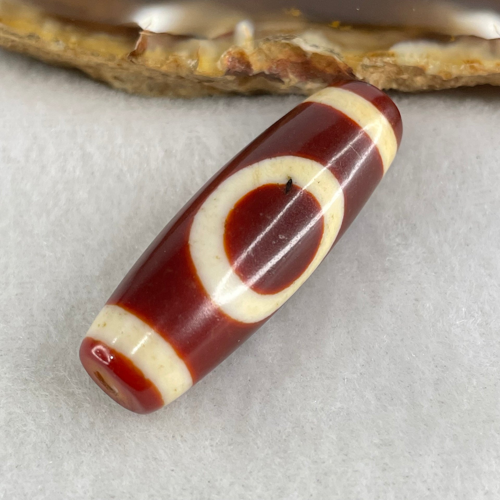 Natural Powerful Tibetan Old Oily Red White Agate One Eye Gold Metal Element Dzi Bead Heavenly Master (Tian Zhu) 一眼金天珠 9.24g 37.8 by 12.6mm - Huangs Jadeite and Jewelry Pte Ltd