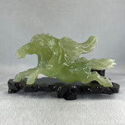 Natural Green Serpentine Double Horse with Wooden Stand Display 971.8g 220.0 by 104.5 by 115.0mm - Huangs Jadeite and Jewelry Pte Ltd