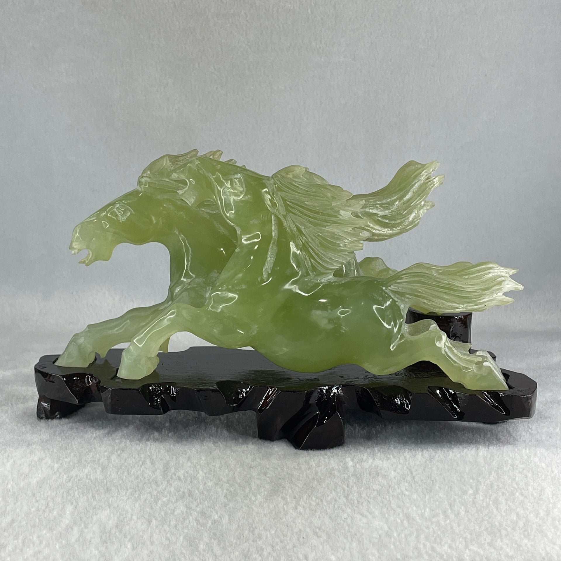Natural Green Serpentine Double Horse with Wooden Stand Display 971.8g 220.0 by 104.5 by 115.0mm - Huangs Jadeite and Jewelry Pte Ltd