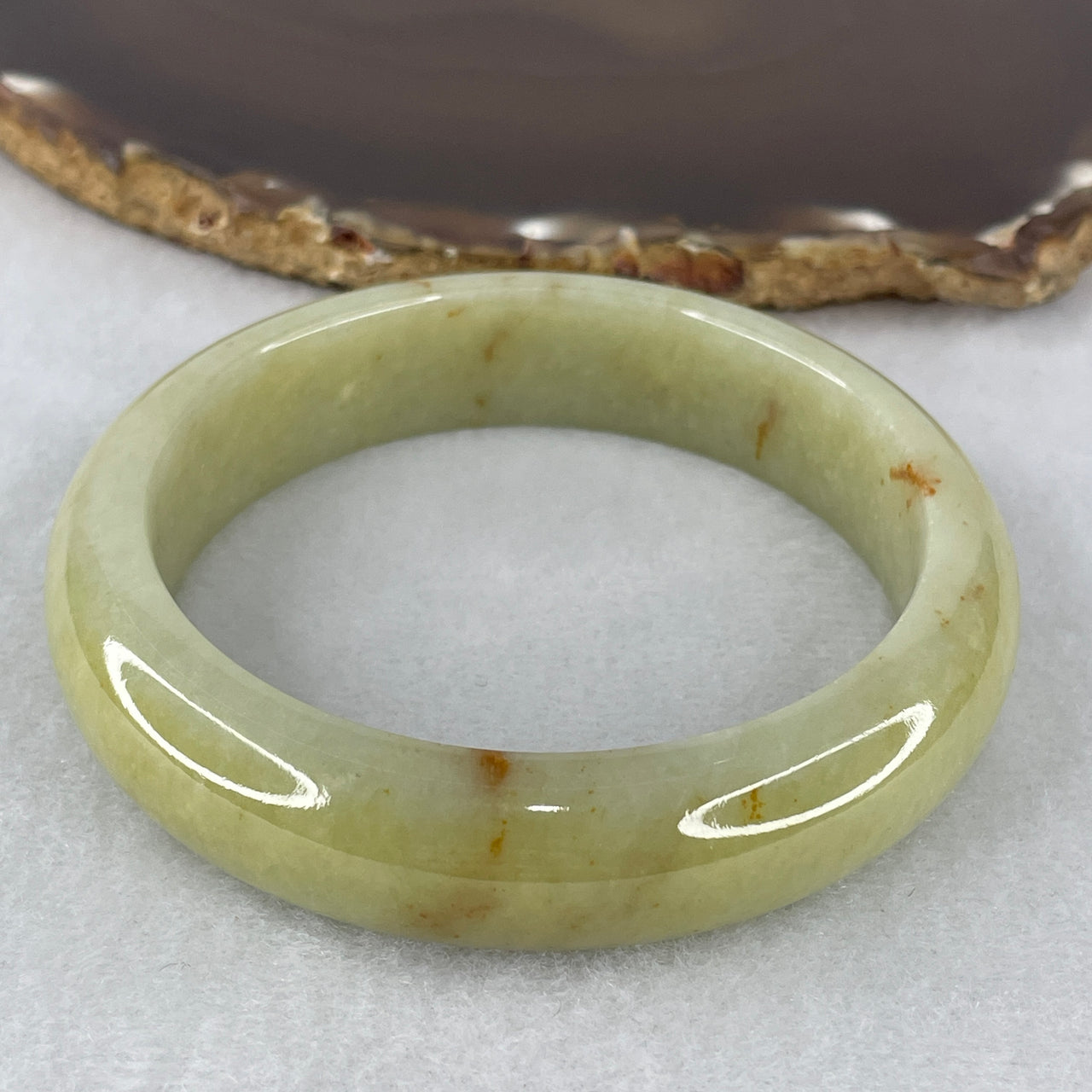 Certified Natural Type A Yellowish-Green & Reddish Dots Jadeite Bangle | Monumental Myanmar Feicui "Fuk Lu Shou" Flawless Good Fortune Armor Bangle (76.14g 15.1x9.1mm | 58.7mm Inner Diameter | Perfect)