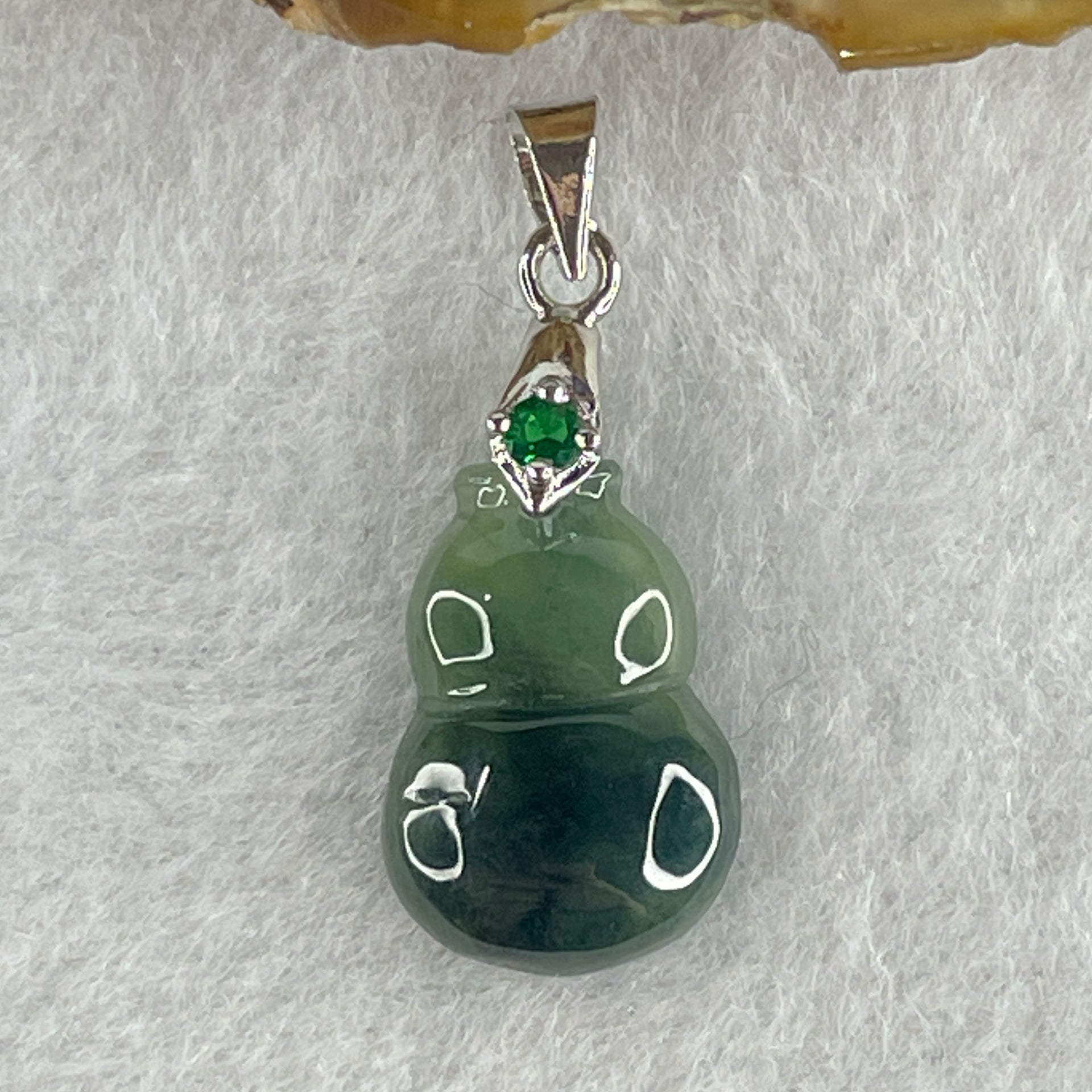 Natural Type A Semi Icy Dark Green Jadeite Calabash Hulu Pendant in Stainless Steel Clasp 1.69g 17.1 by 11.6 by 3.9mm - Huangs Jadeite and Jewelry Pte Ltd