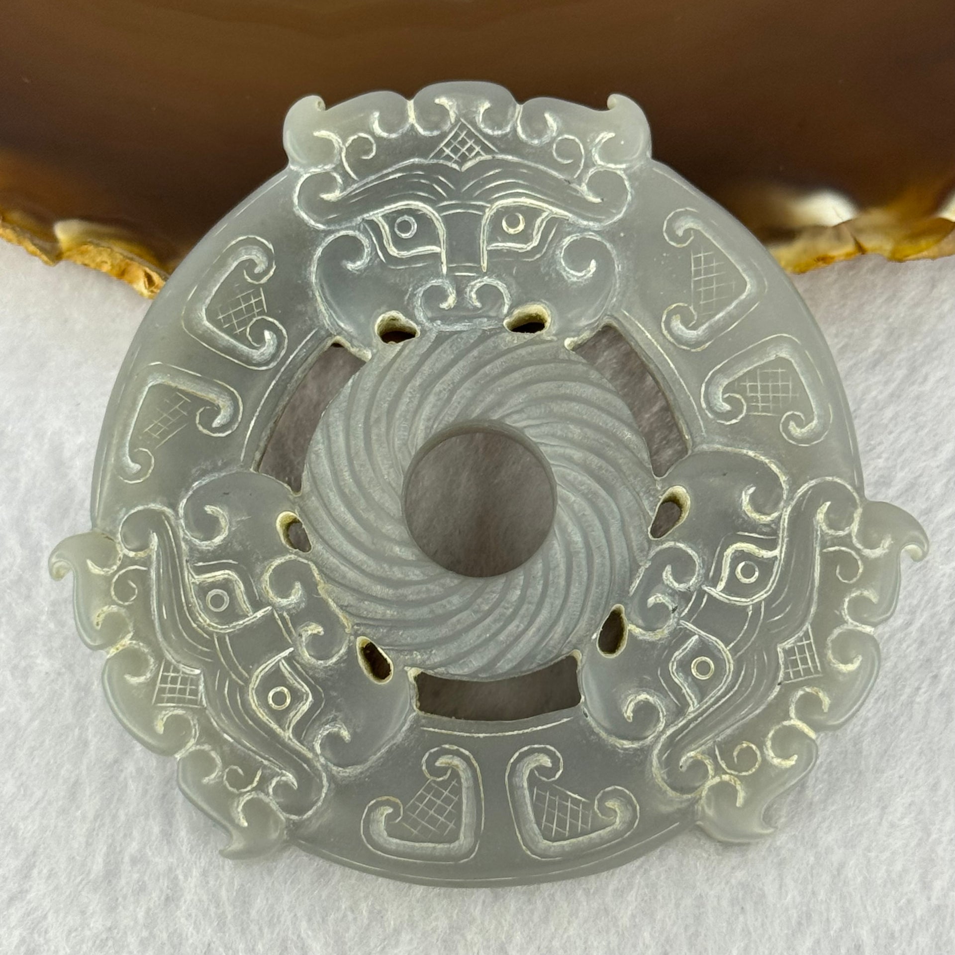 Rare Natural Greyish Lavender Nephrite 3 Mystical Beasts Double Ping An Kou Donut Ornament for Protection and Prosperity 108.05g 80.3 by 73.8 by 10.9mm - Huangs Jadeite and Jewelry Pte Ltd