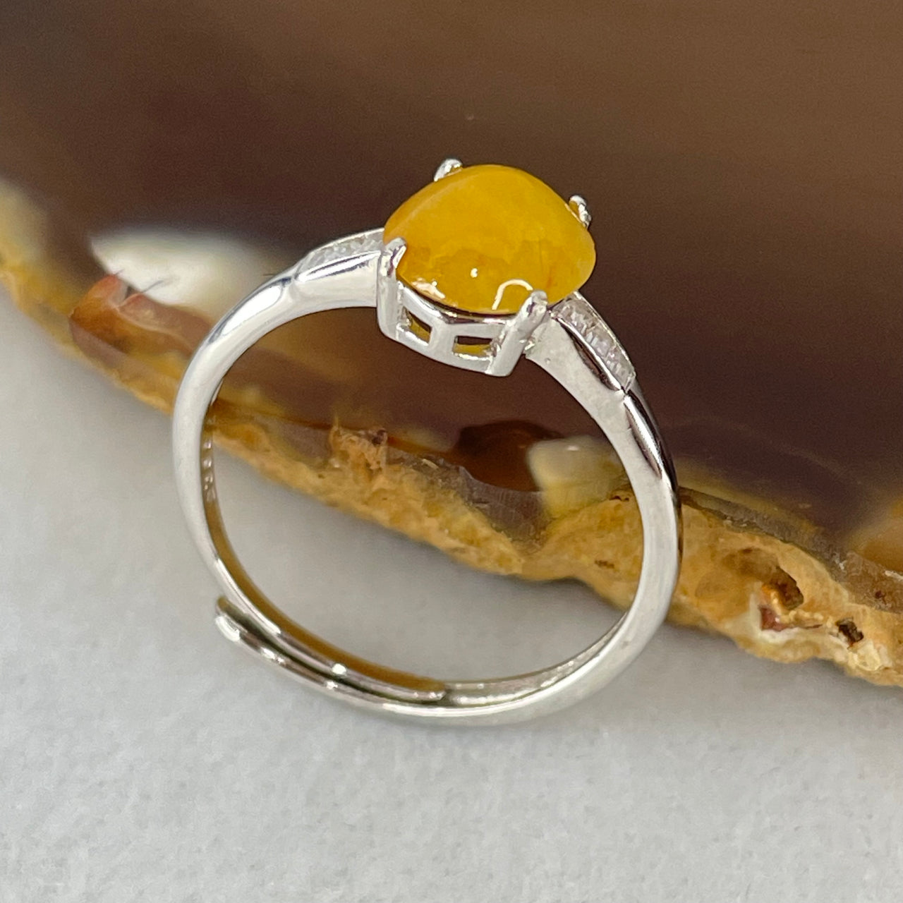 Type A Yellow Jadeite Cabochon Ring in S925 Sliver Ring 1.49g 7.5 by 6.9 by 4.0mm - Huangs Jadeite and Jewelry Pte Ltd