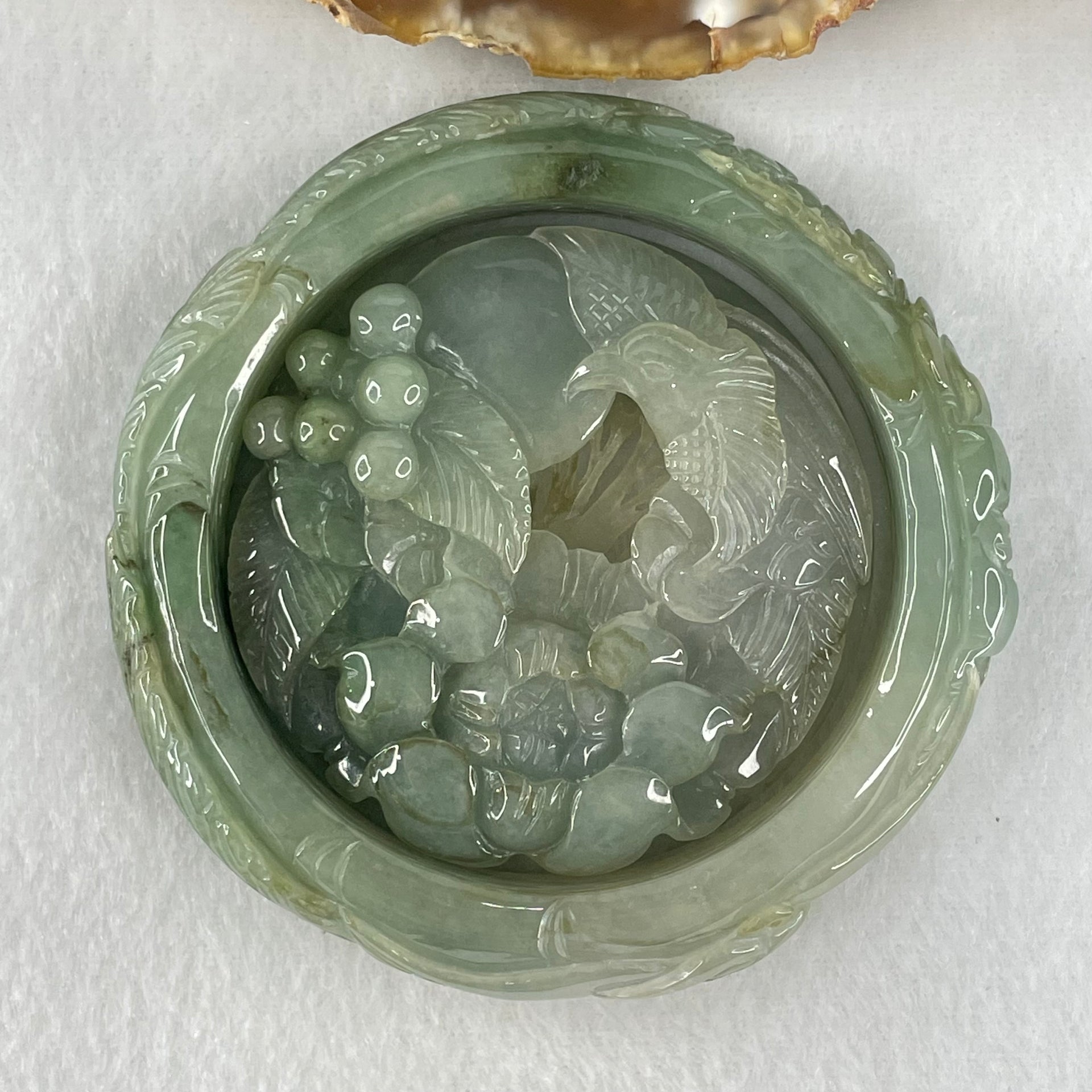 Type A Blueish Green Jadeite Phoenix with Prosperity Flowers Bangle Inner Diameter 57.2mm 12.4 by 10.6mm and Pendant 55.6 by 12.4mm Total Weight 124.77g - Huangs Jadeite and Jewelry Pte Ltd