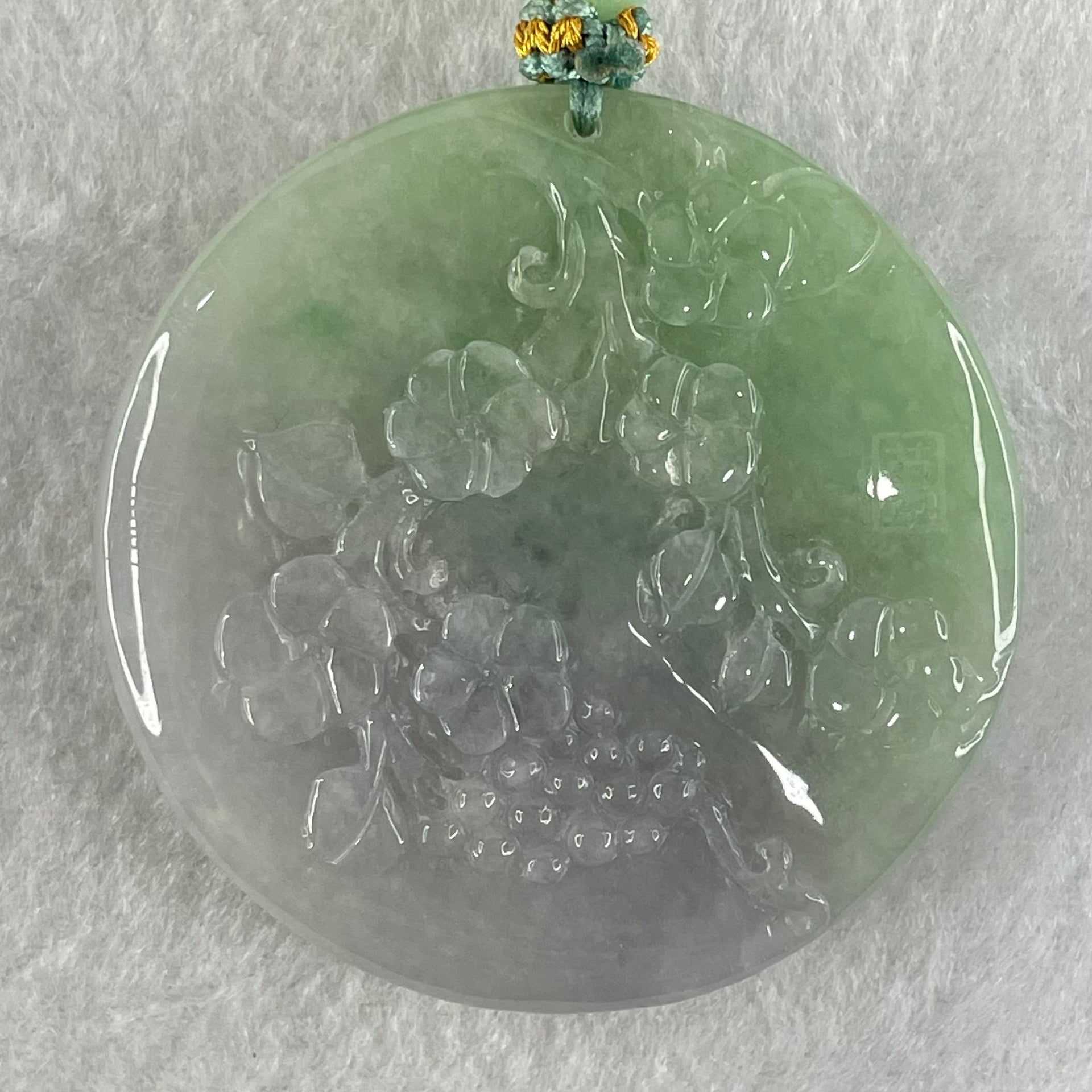 Grandmaster Type A Lavender Green Jadeite Twin Bird And Flower Pendant 喜上眉梢 63.42g 52.5 by 52.5 by 12.1mm - Huangs Jadeite and Jewelry Pte Ltd